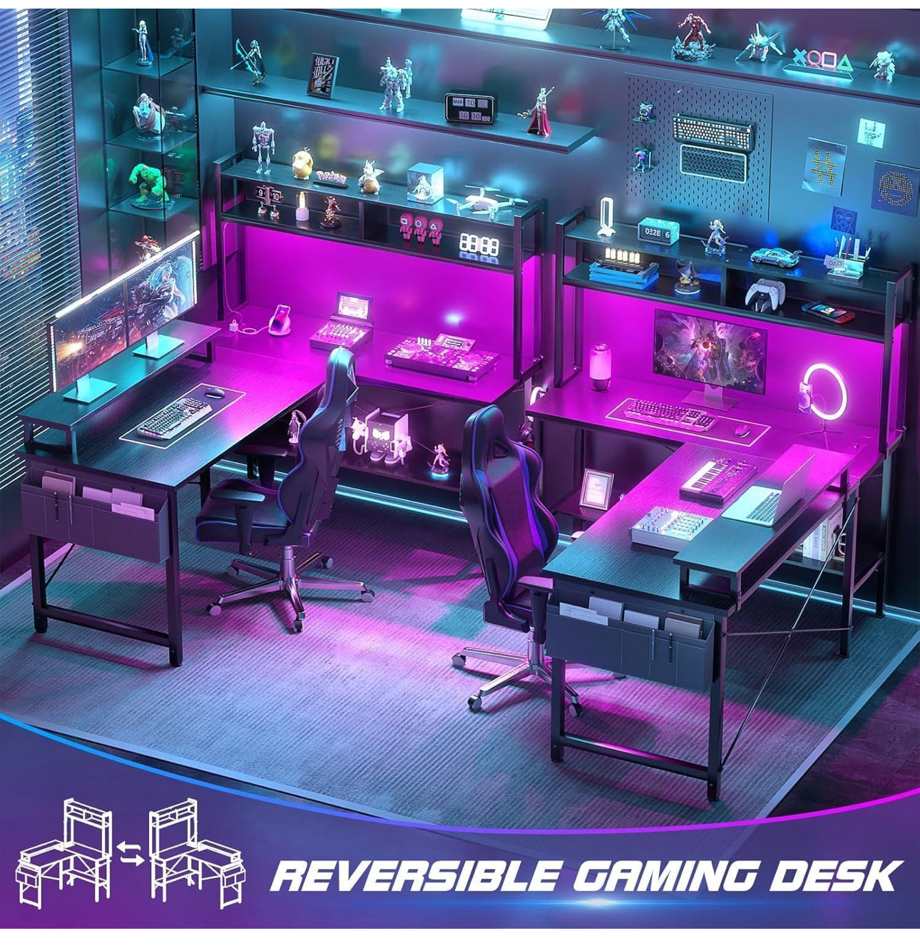 L Shaped Gaming Desk with Power Outlets & LED Lights