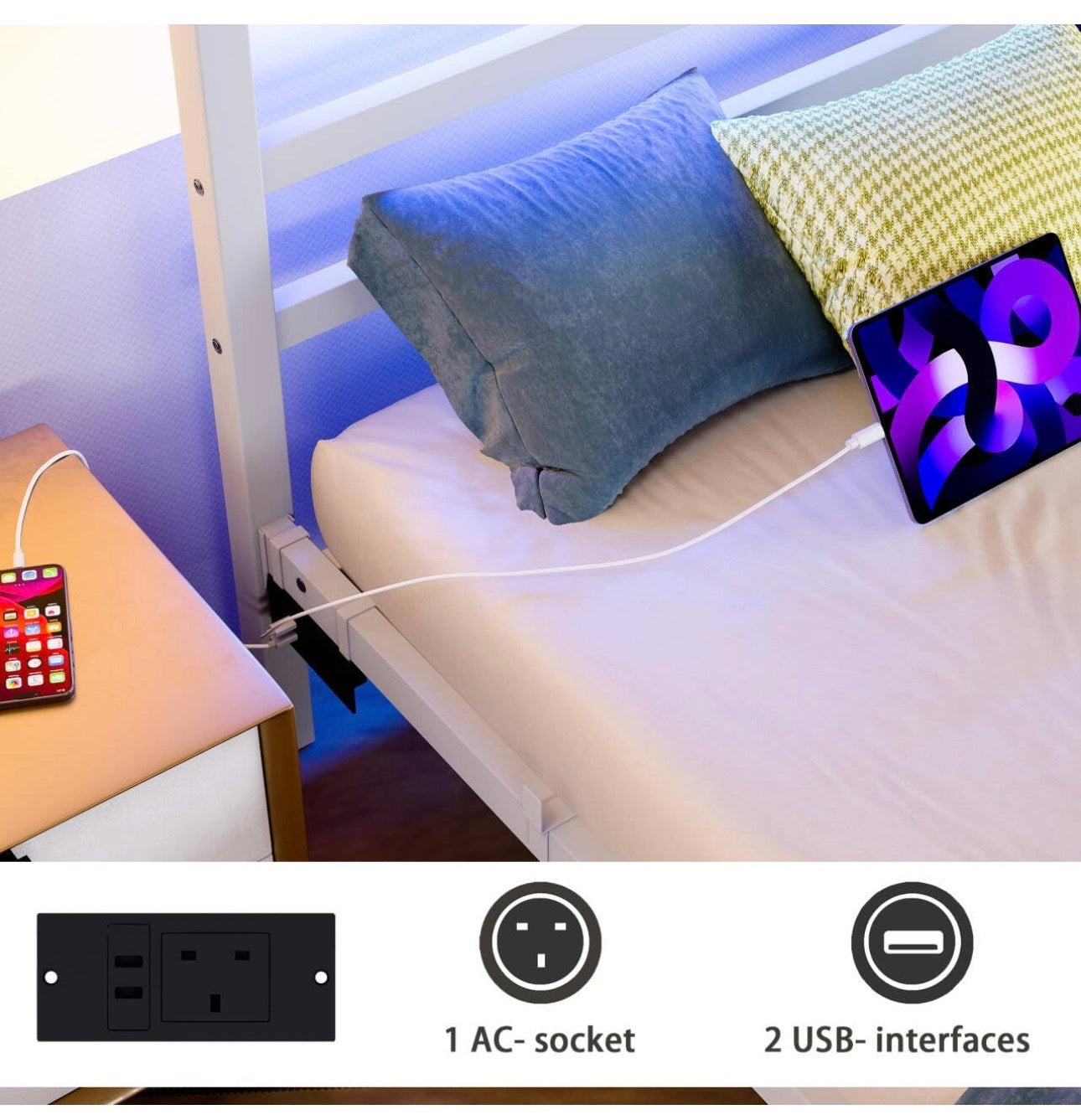 Single Bed Frame with Headboard&LED Lights,Heavy Duty Metal Platform Bed Frame Single with Charging Station,3ft Bed Base with Strong Slats Support,UnderBed Storage,Easy Assembly,White