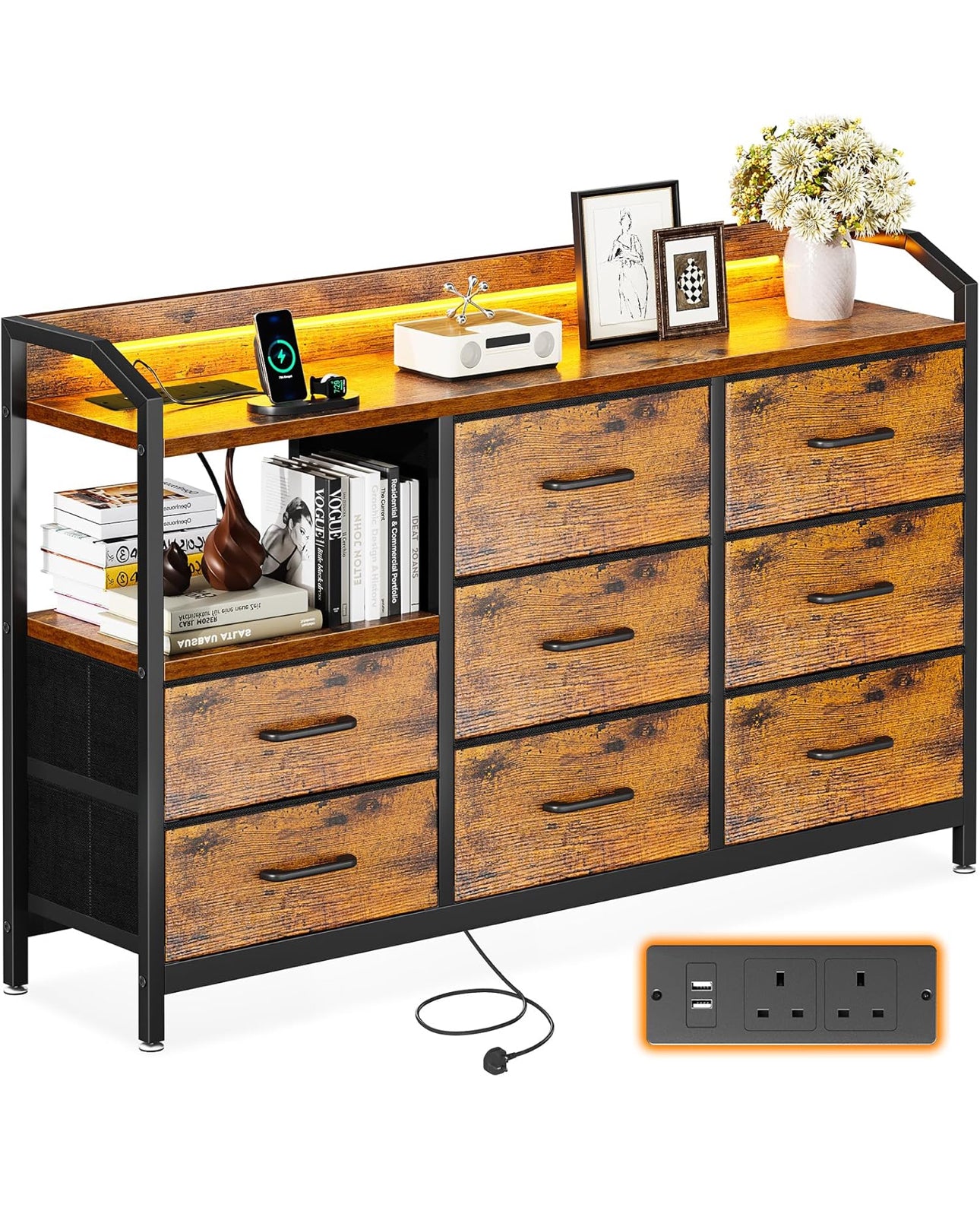 Chest of Drawers Bedroom, with LED Light trip with 10 Adjustable Colors and 2 USB and 2 AC Outlets