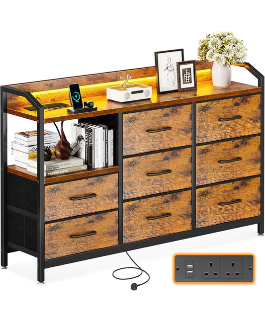 Chest of Drawers Bedroom, with LED Light trip with 10 Adjustable Colors and 2 USB and 2 AC Outlets