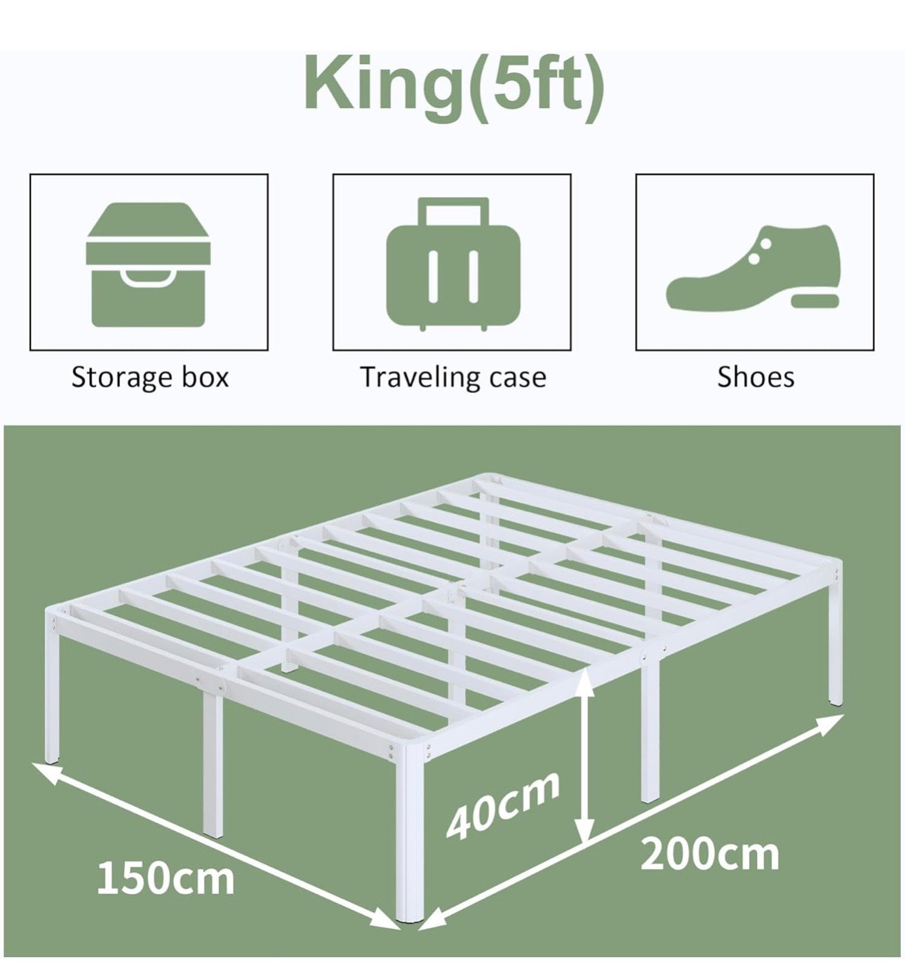 41 cm King Size Bed Frame with Rounded Corner Legs, 5ft Metal Platform Bed Frames King Size with Storage Space Underneath, No Noise, Easy Assembly, White