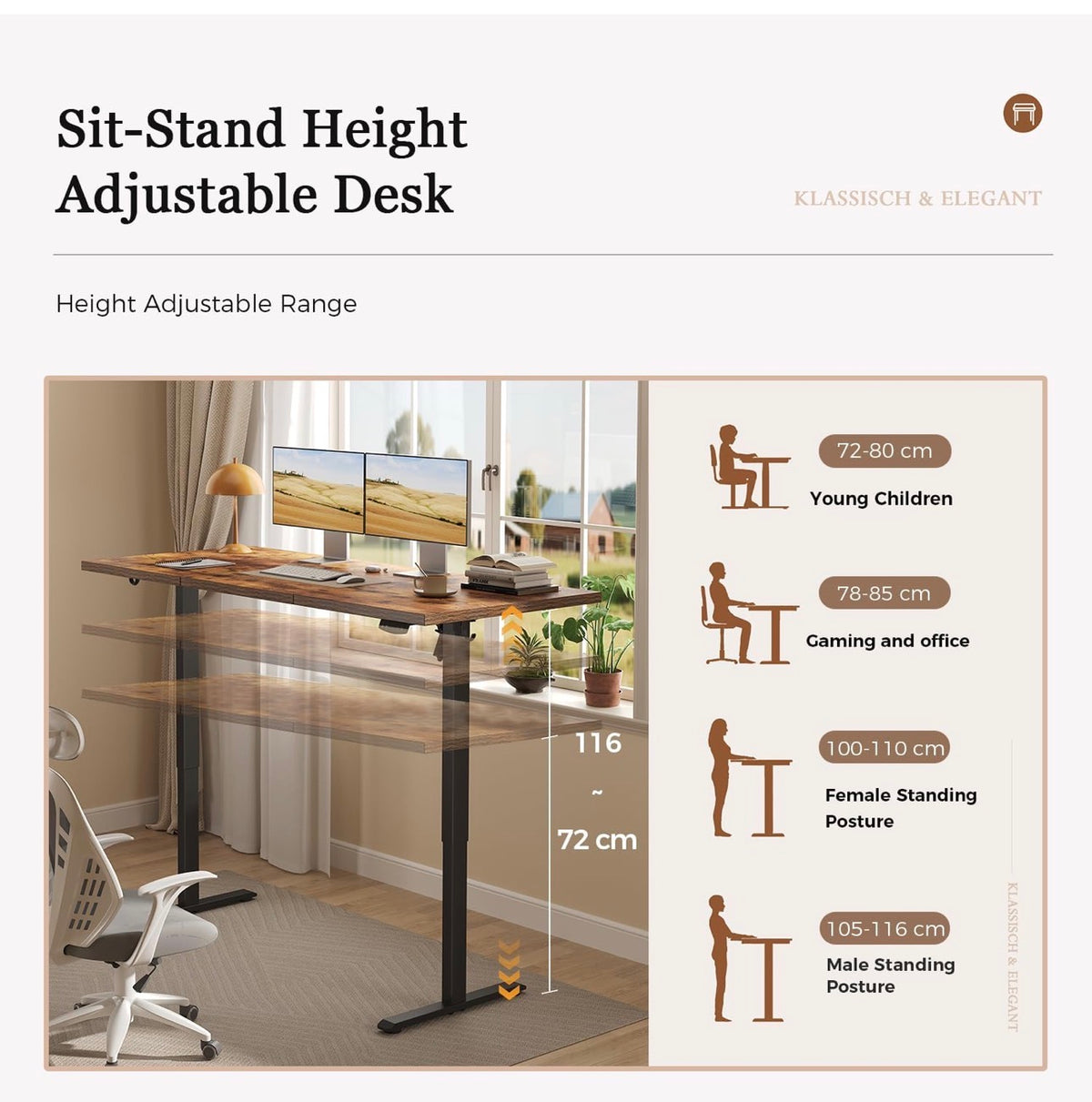 Electric Standing Desk, 2 Memory Buttons for stand & sit, 140x60
Height Adjustable Desk for smart Pannel, 72-116cm, Sit Stand Desk with 2 Hooks, Home Office Desk, 3 pcs Desktops, Brown