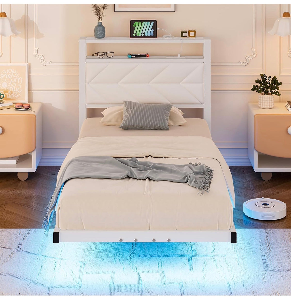 Metal Bed Frame with LED Lights and Charging Station, Heavy Duty Metal Slat Support, Noise Free, No Box Spring Needed