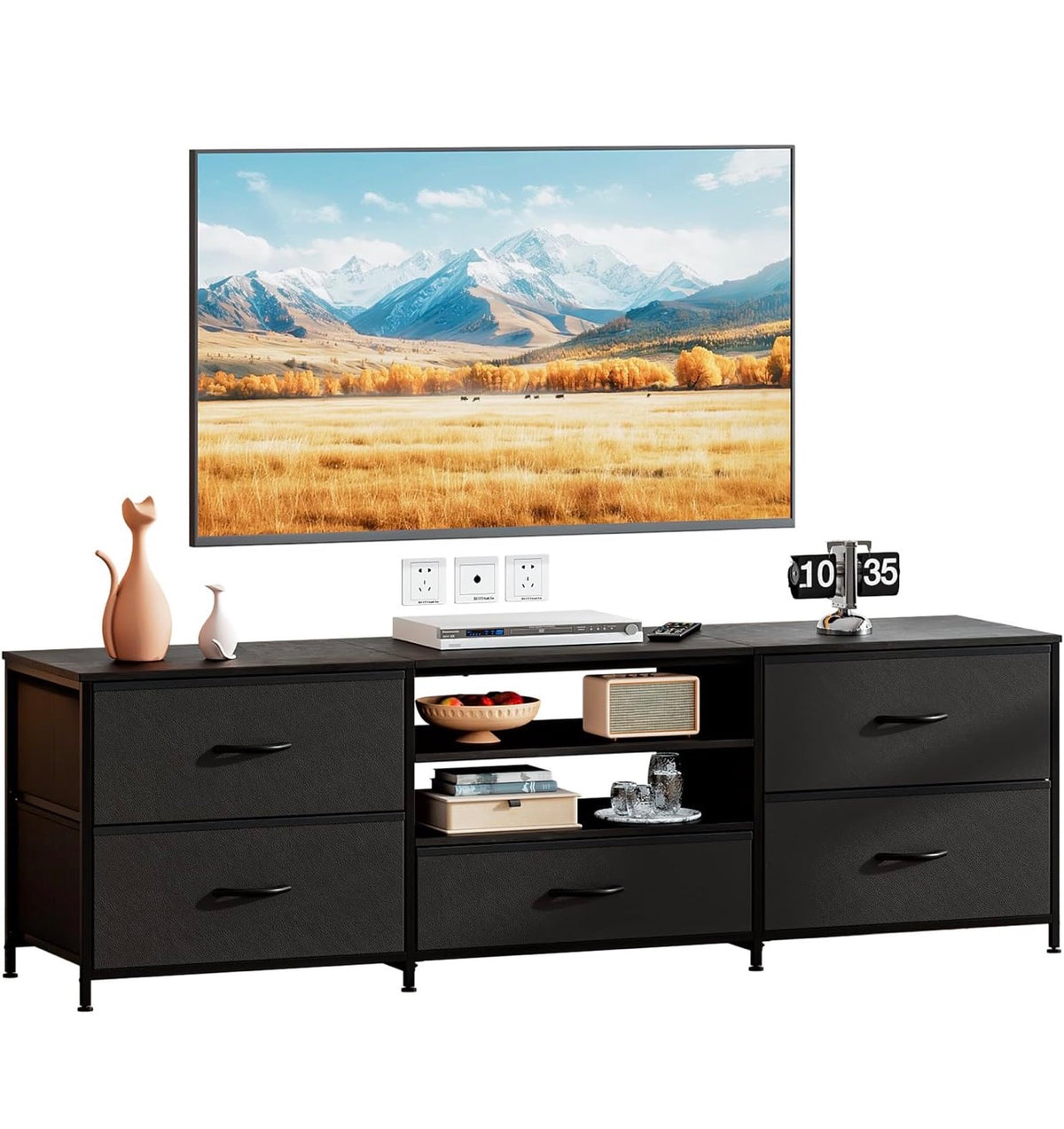 TV Stand Cabinet, TV Unit with 5 Drawers, 140 cm, All Black
TV Console Table with Storage Organizers, Entertainment Center with Open Shelf for Living Room, Bedroom