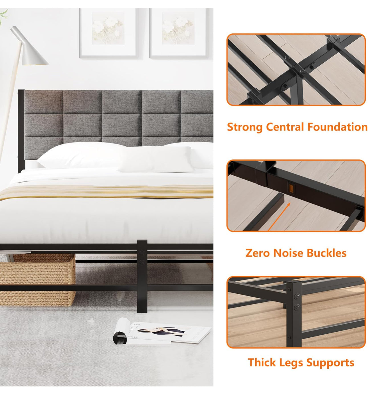 5ft King Size Bed Frame with Headboard,Upholstered Platform Bed Frame King Size