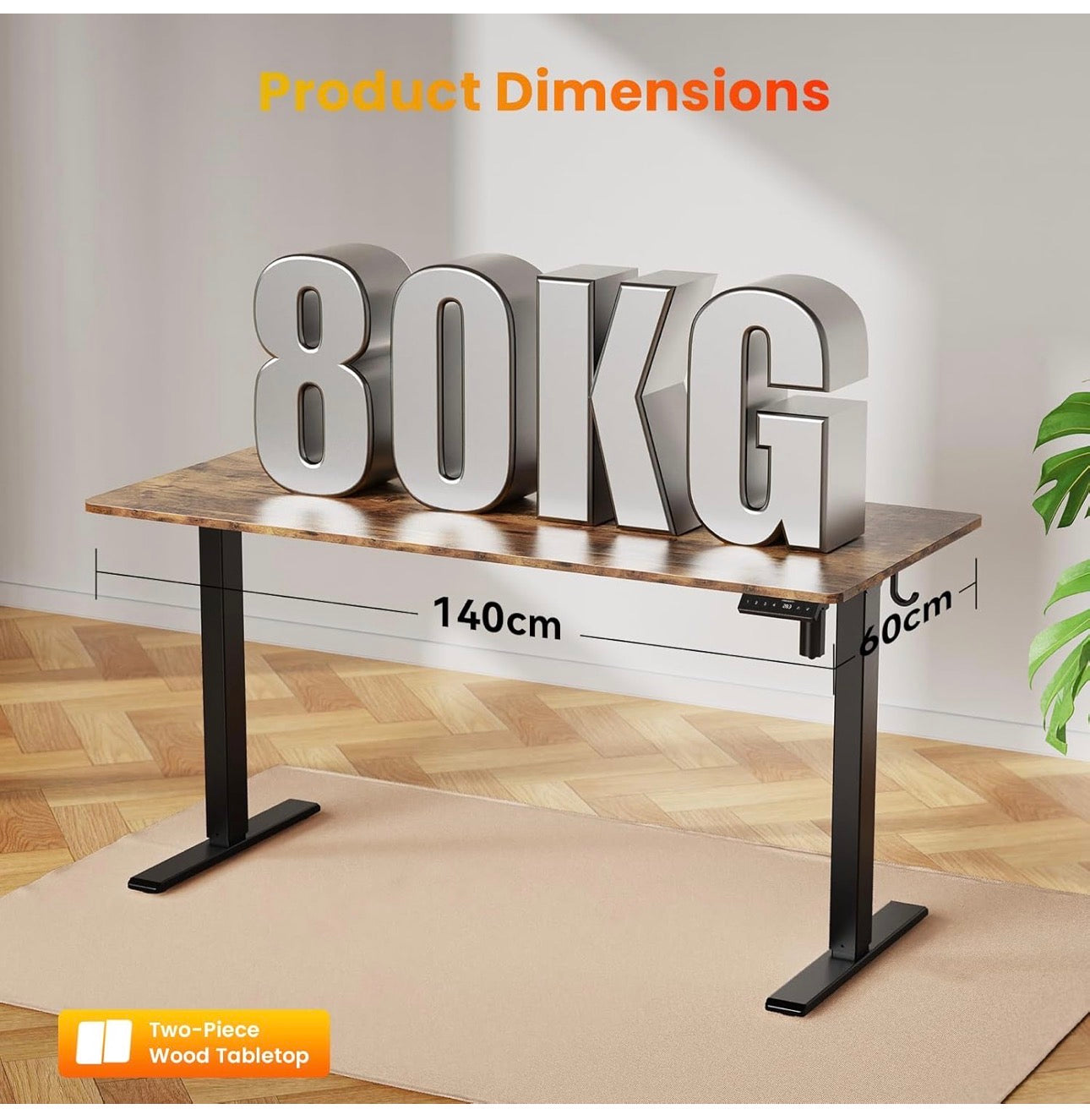 140 x 60 cm Standing Desk, Electric Height Adjustable Desk with 2 Hooks
