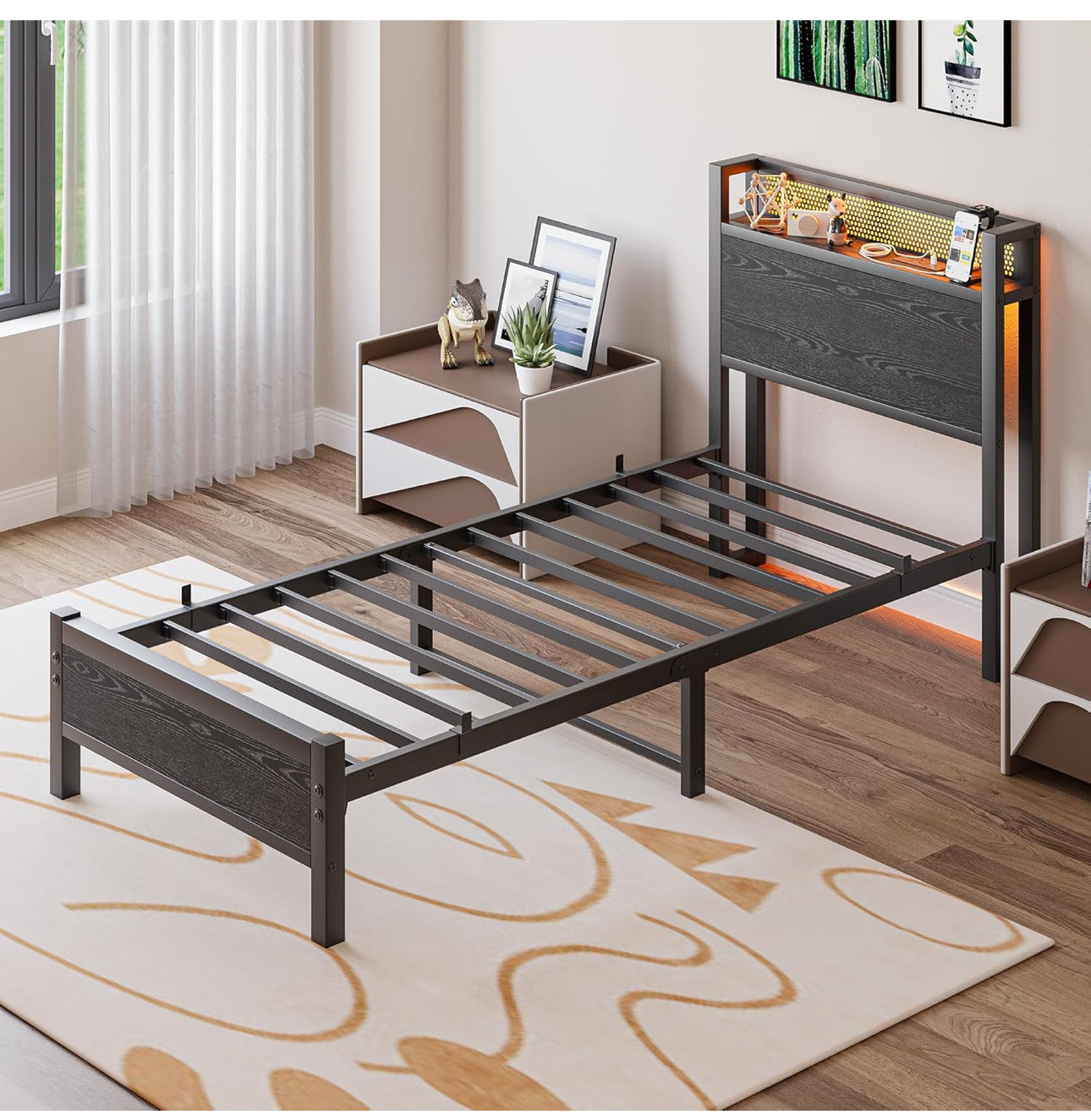 Single Bed Frame with Storage Headboard Shelf,LED Lights,3ft Metal Bed Frame Single Bed with Charging Station