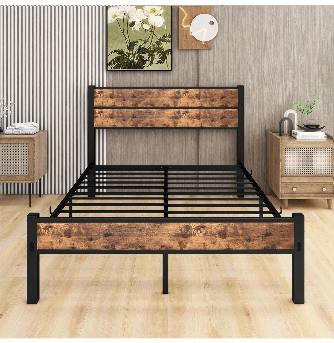 Double Bed Frame with Wooden Headboard and Footboard