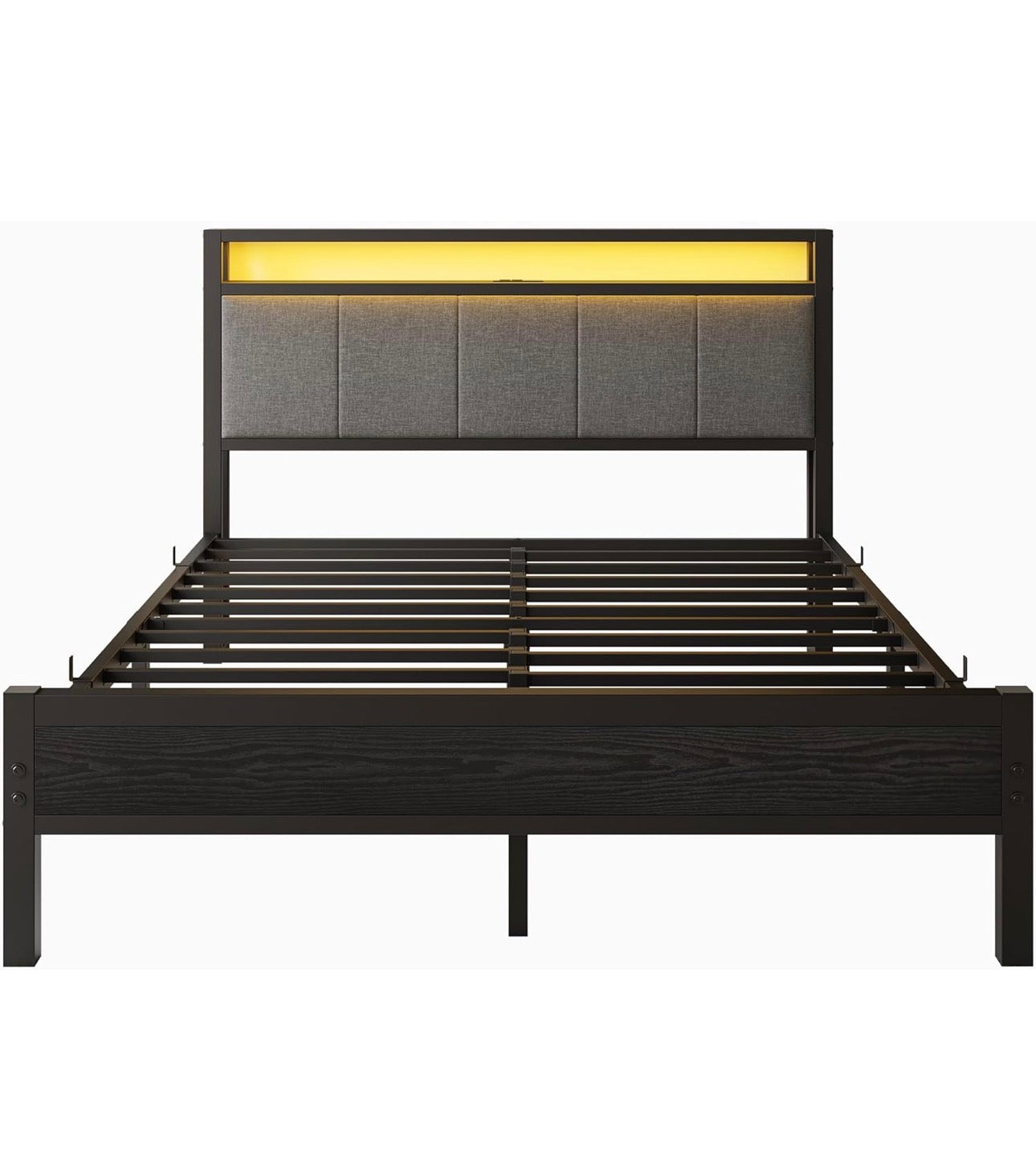 5FT King Size Bed Frame with LED Lights and Charging Station, Heavy Duty Metal Platform Upholstered King Bed frame with Storage Fabric Headboard,Metal Slats Support,Mattress Foundation (Black)
