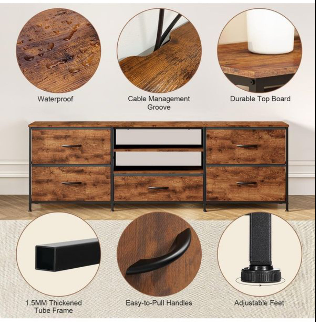 TV Stand Cabinet, TV Unit TV Console Table with 5 Drawers Storage Organizers