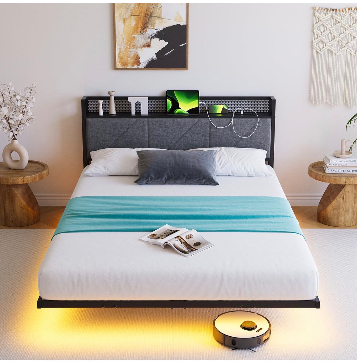 Floating Double Bed Frame with Upholstered Headboard Storage, Black
135x190cm Metal Bed Frame with LED Lights & USB Charging Station, 4ft6 Platform Bed, Heavy Duty Metal Slats, Noise Free