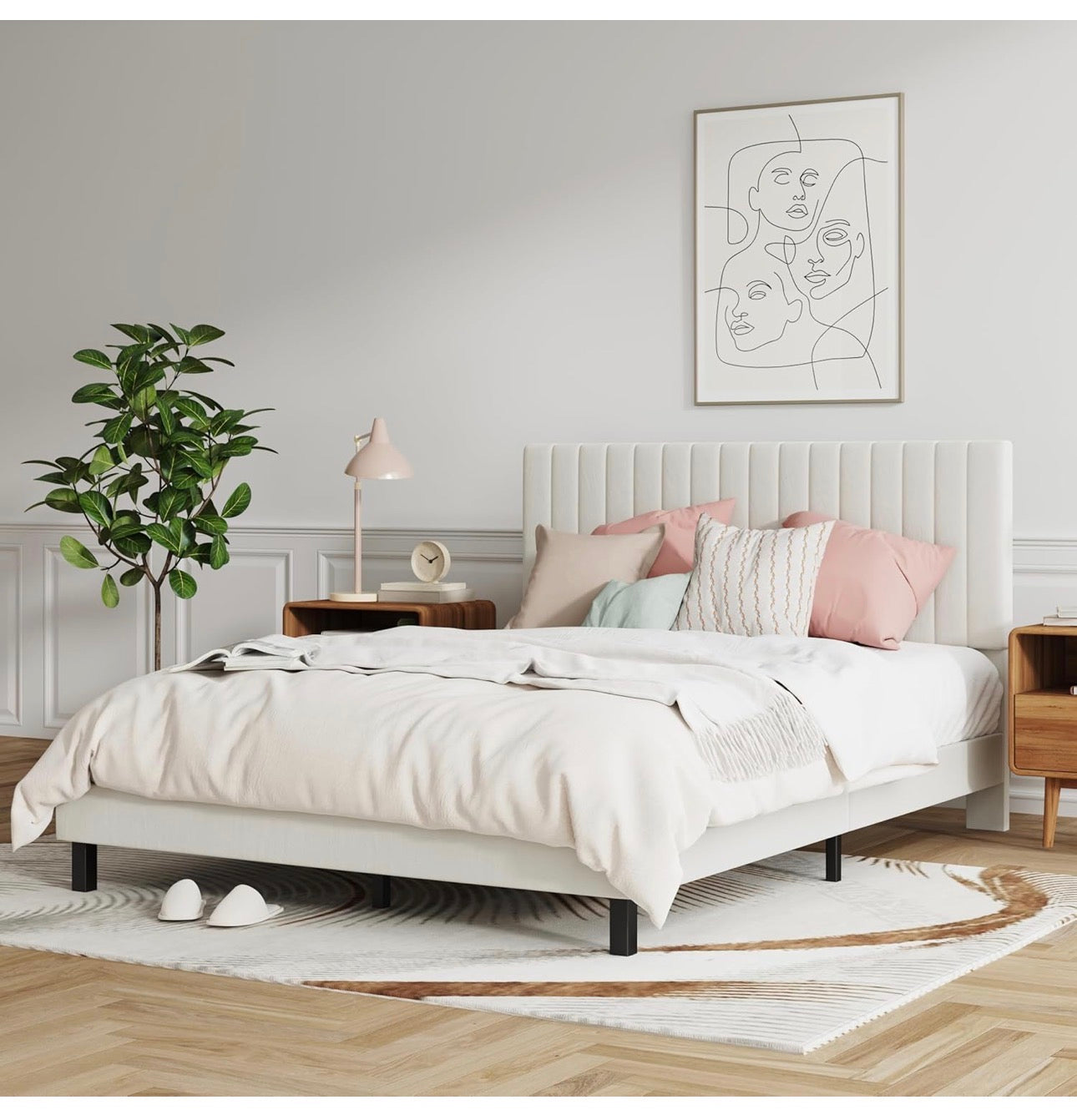 4ft6 Double Bed Frame, Upholstered Platform Bed with Adjustable Velvet Headboard, Sturdy Wooden Slats, Silent Design, No Spring Mattress Required, Easy Assembly （Beige,Double）