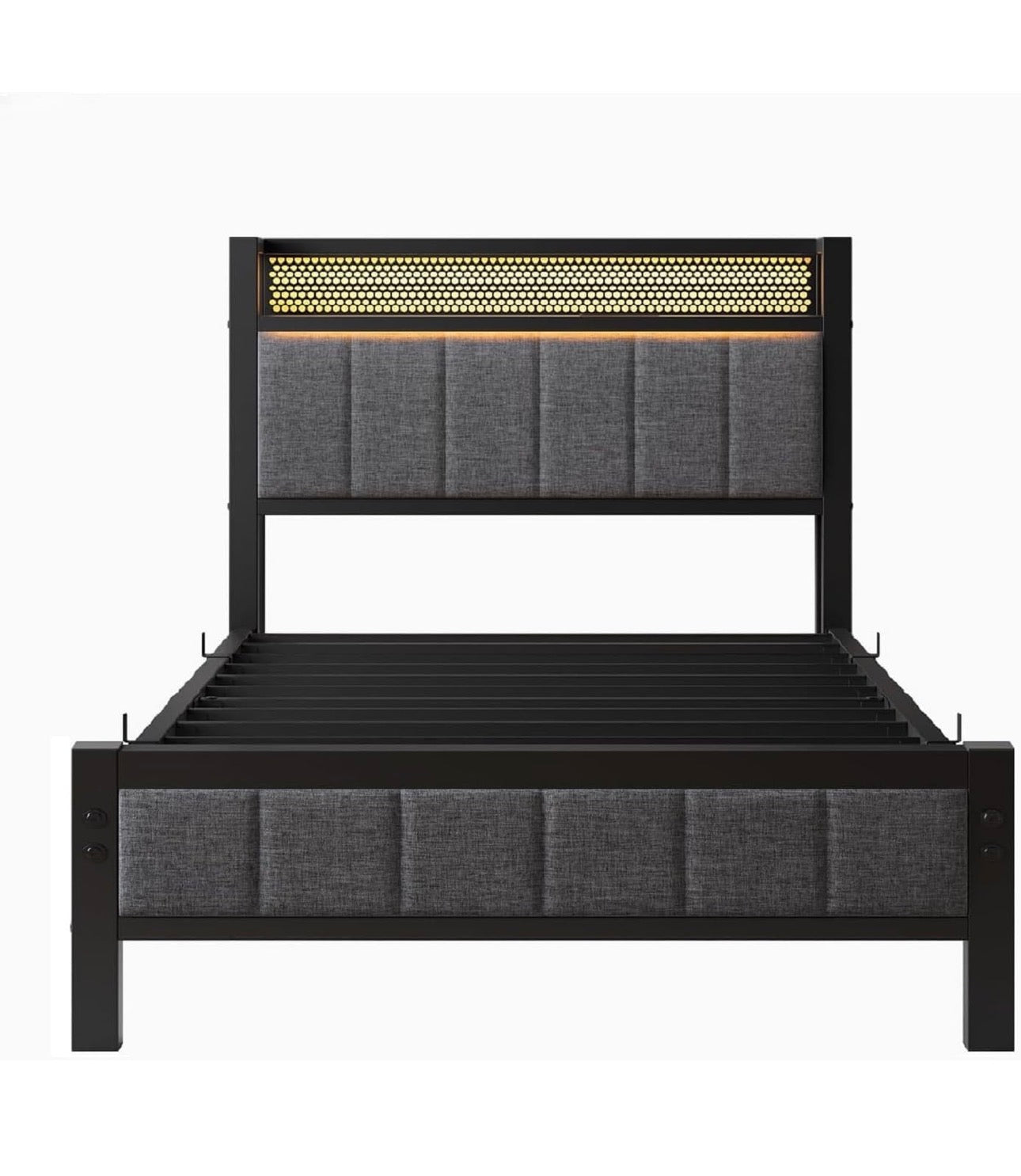 Single Bed Frame with Upholstered Headboard, Wooden Storage Headboard Shelf, 3ft Upholstered Bed Frame with Charging Station/USB Ports and LED Lights (Gray Single Bed)