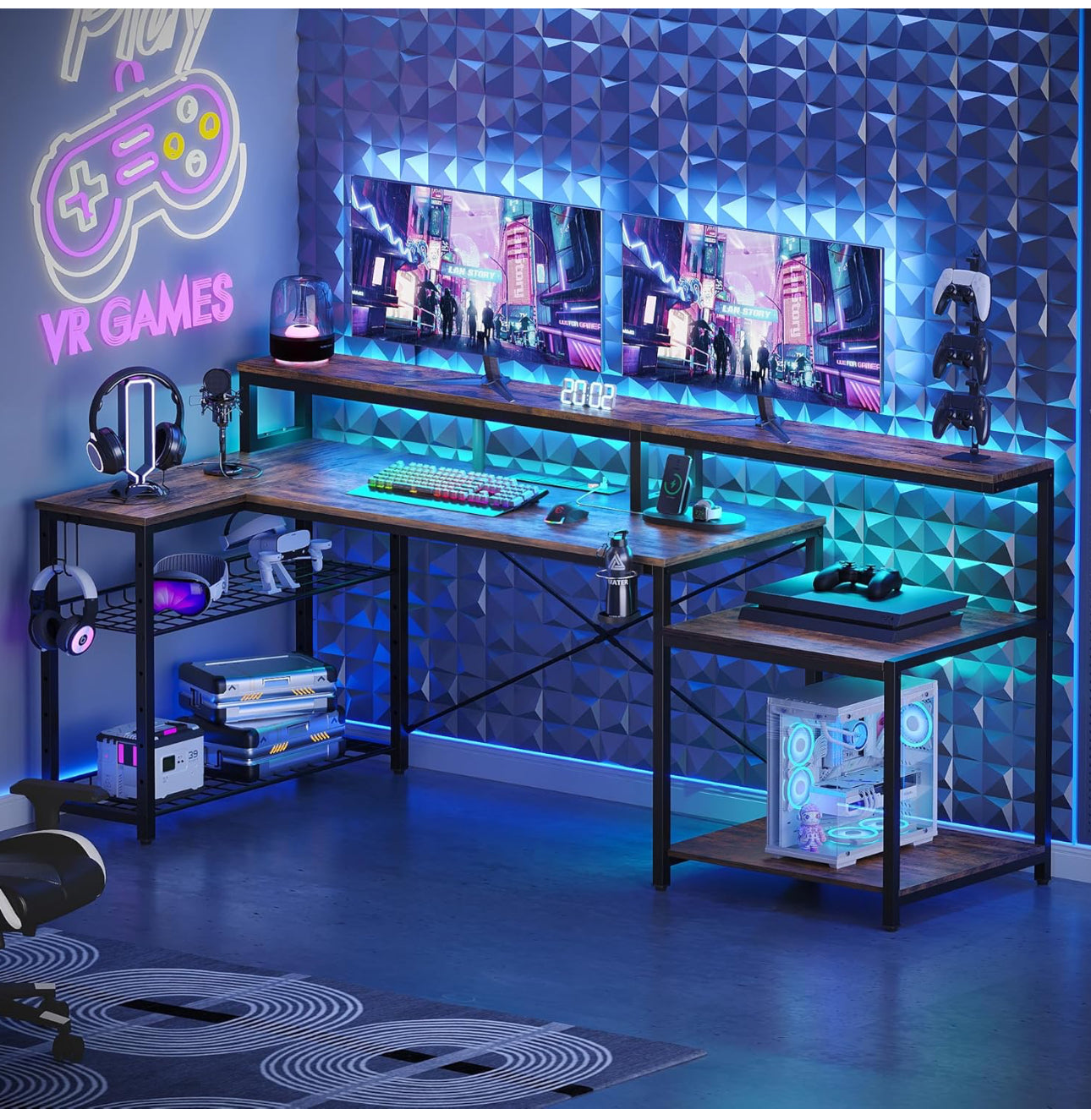 181CM L Shaped Corner Desk with Power Outlets LED Lights Gaming Desk