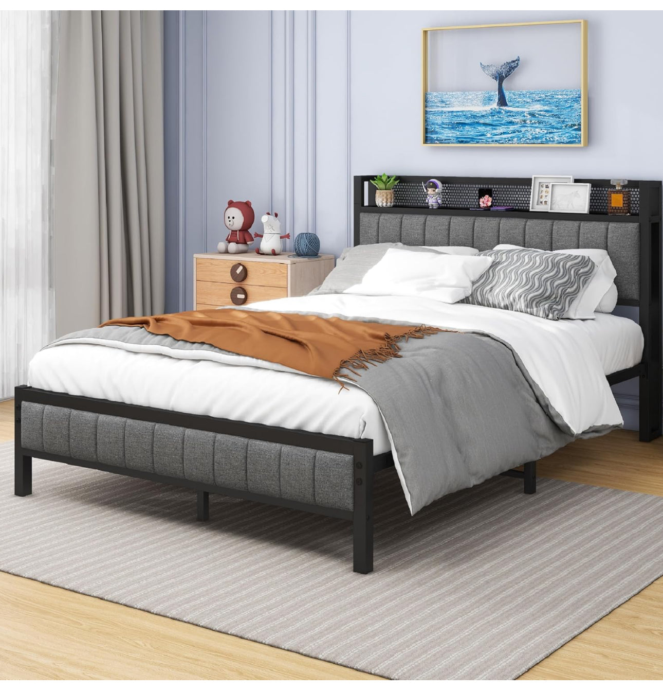 Double Bed Frame with Wooden Storage Headboard
