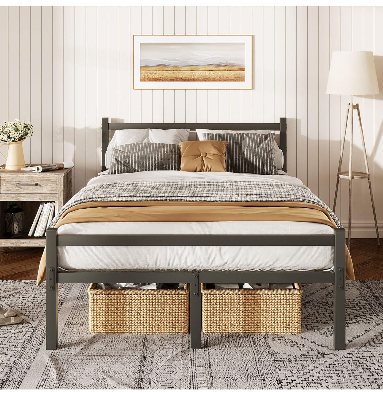 4ft6 Double Bed Frame with Headboard, Black Metal