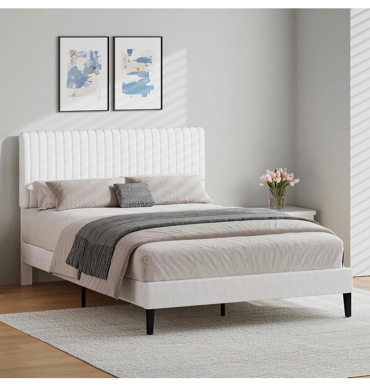 Double Bed Frame with Headboard, 135 X 190, White
Upholstered Bed, Velvet Headboard, Adjustable Height, Wooden Slat Support, No Box Spring Needed