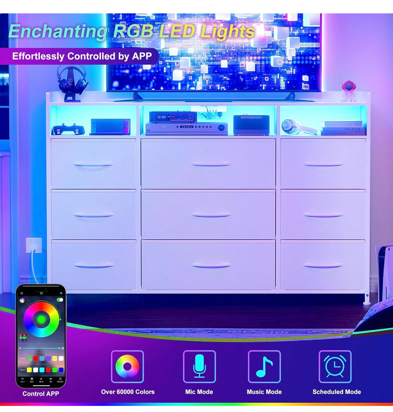 Chest of Drawers with Charging Station and LED Light