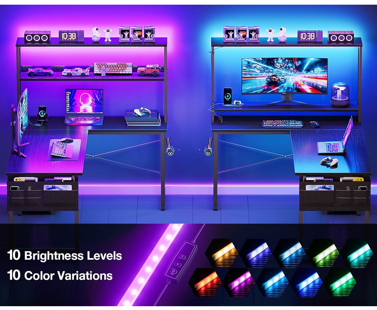 L Shaped Gaming Desk with LED Lights & Power Outlet, 135 × 100 cm