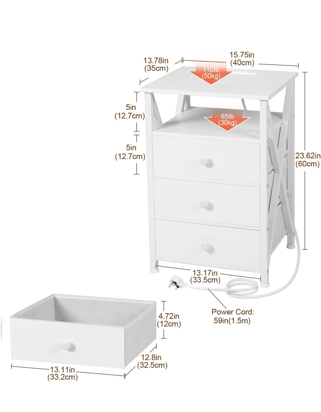 Bedside Table Set of 2 with Charging Station, Side Table with Led Lights, Bedside Cabinet with 3 Fabric Storage Drawers, End Table, Sofa Side Table, Nightstand for Living Room
