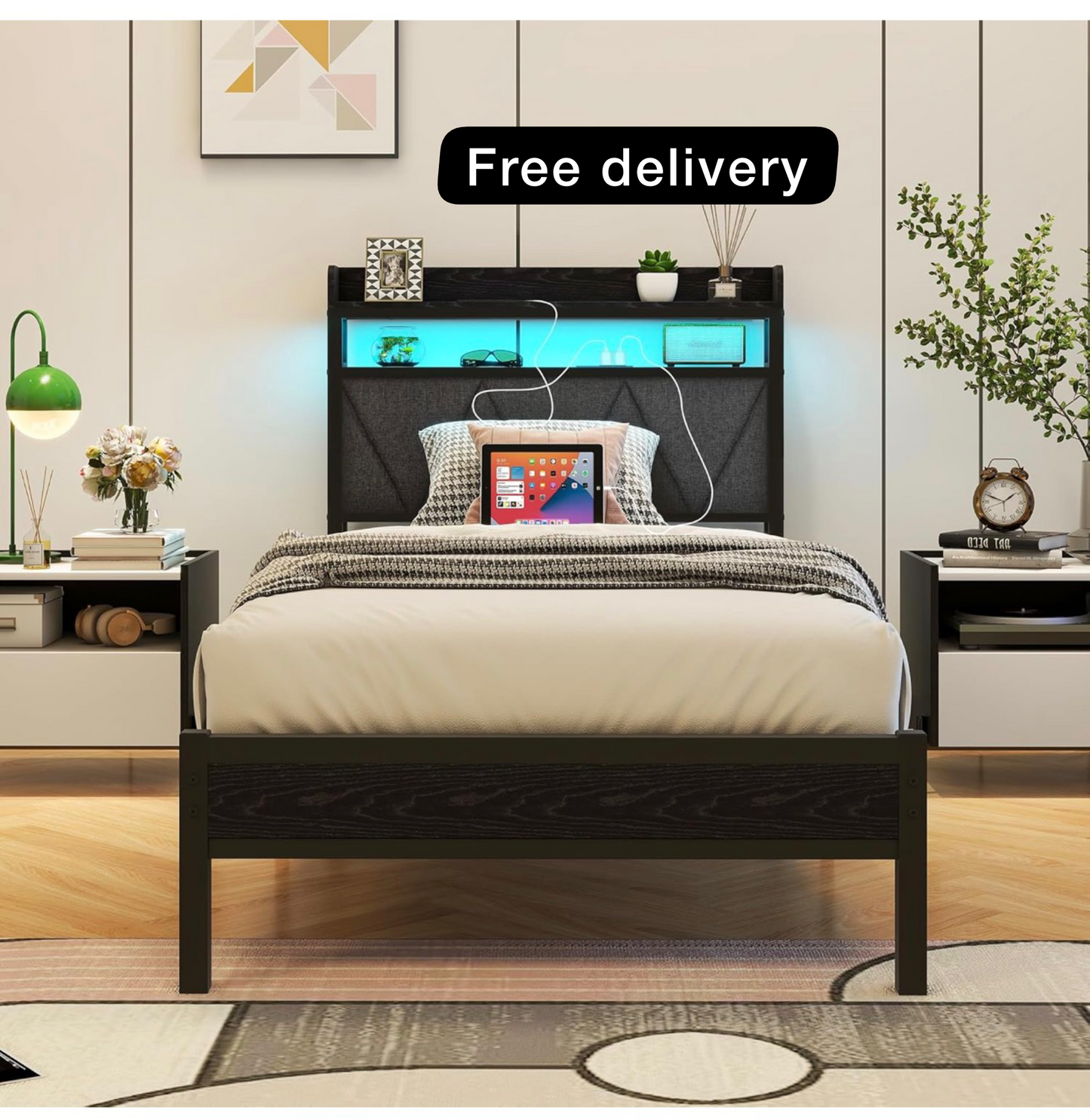 3ft Single Bed Frame with LED Lights Storage Upholstered Headboard and Charging Station