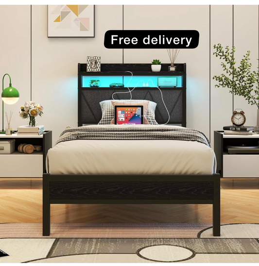 3ft Single Bed Frame with LED Lights Storage Upholstered Headboard and Charging Station