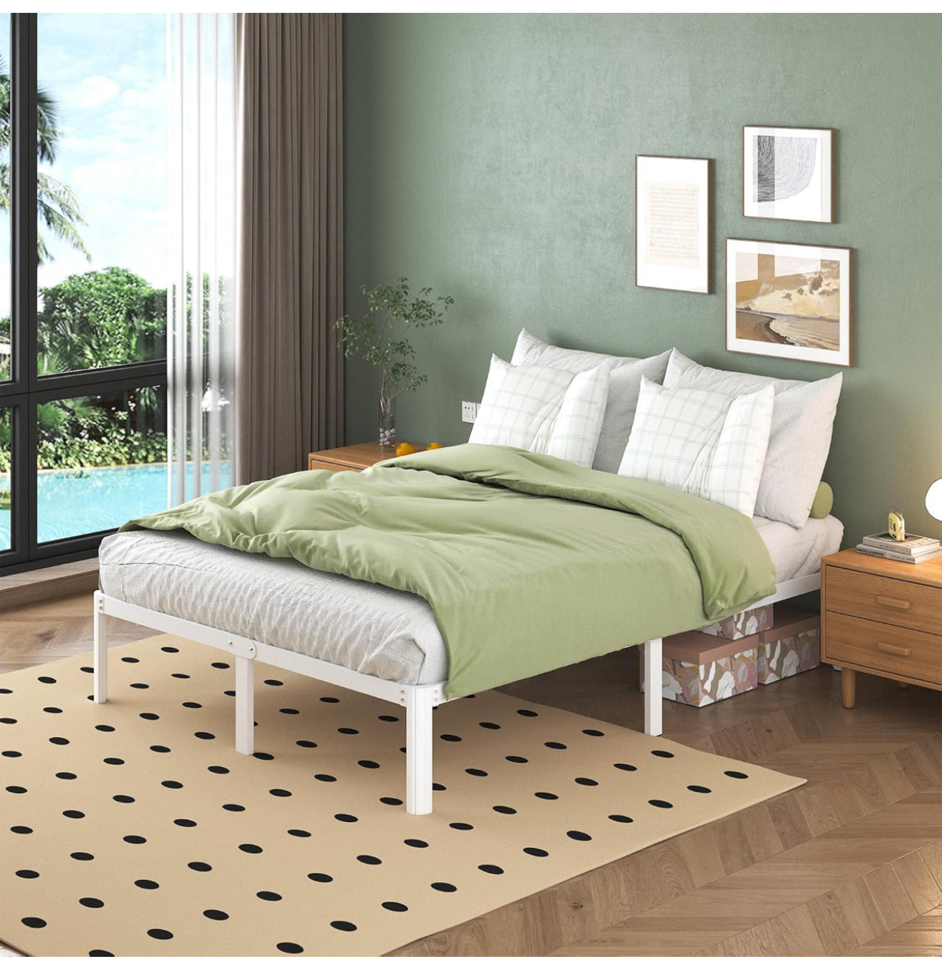 White Double Bed Frame 30.5 cm High with Rounded Corner Legs, 4ft 6 Heavy Duty Metal Bed Frame