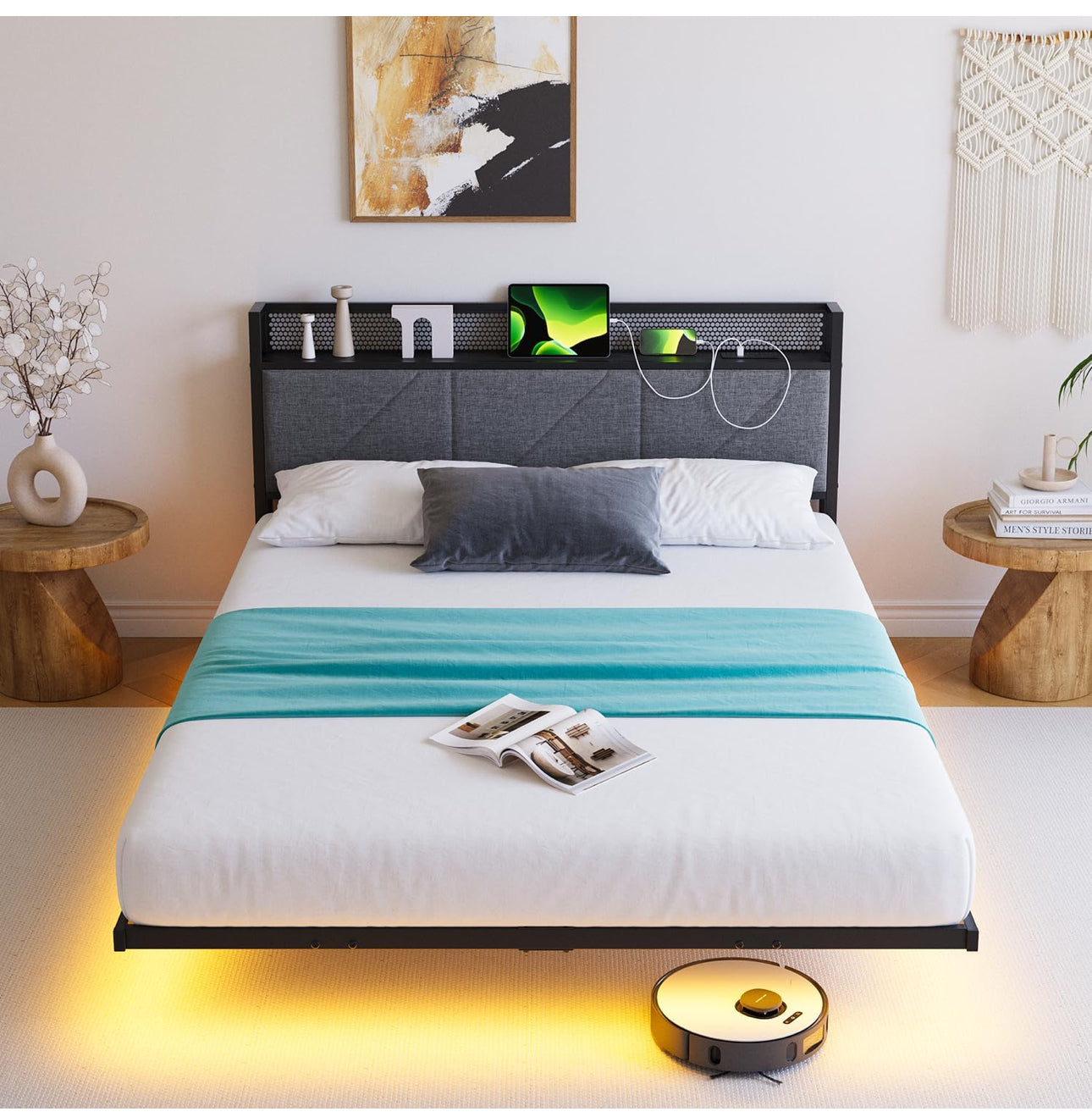 Floating Double Bed Frame with LED Lights & USB Charging Station, 135x190cm