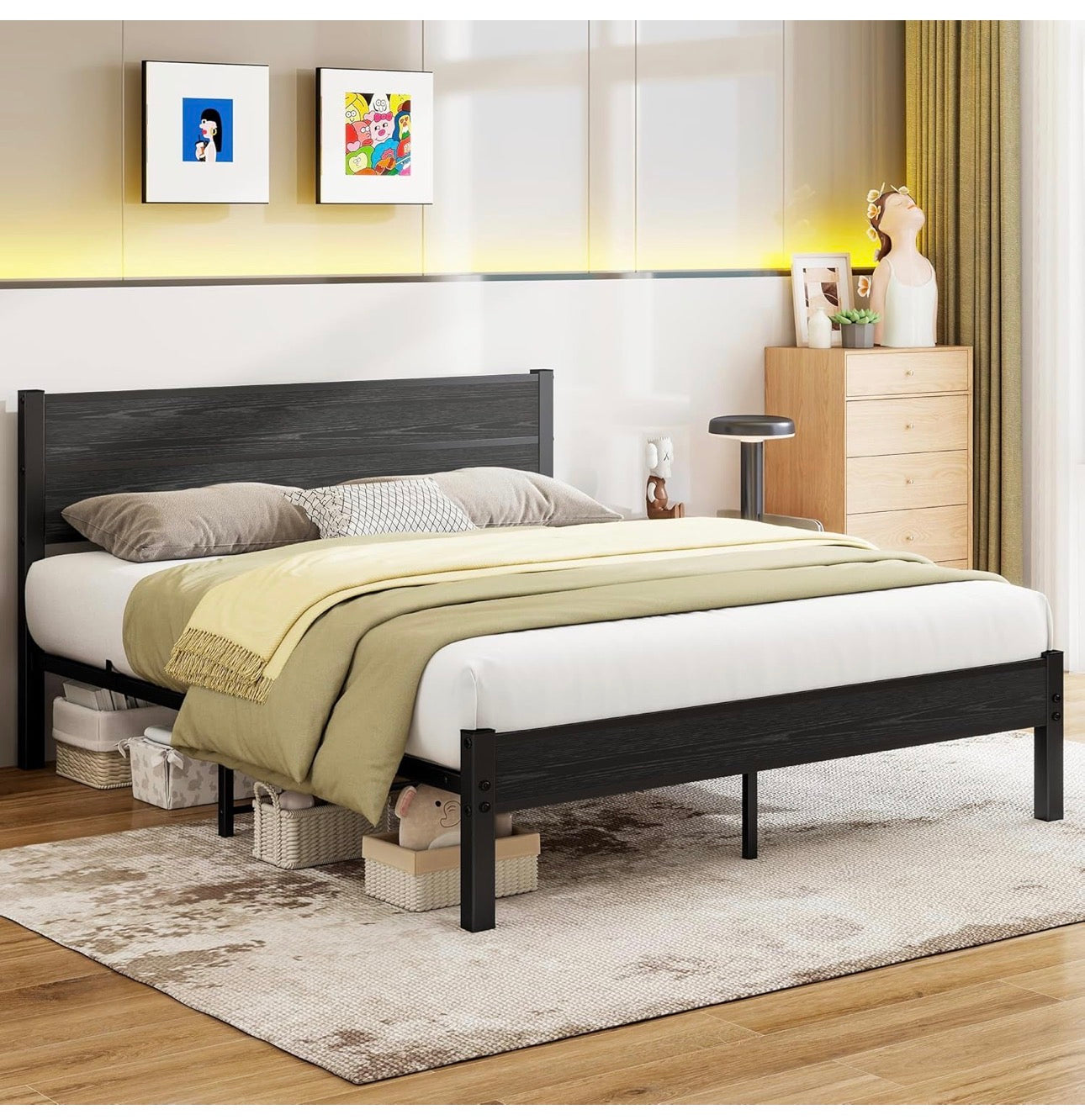 King Size Bed Frame with Wooden Headboard