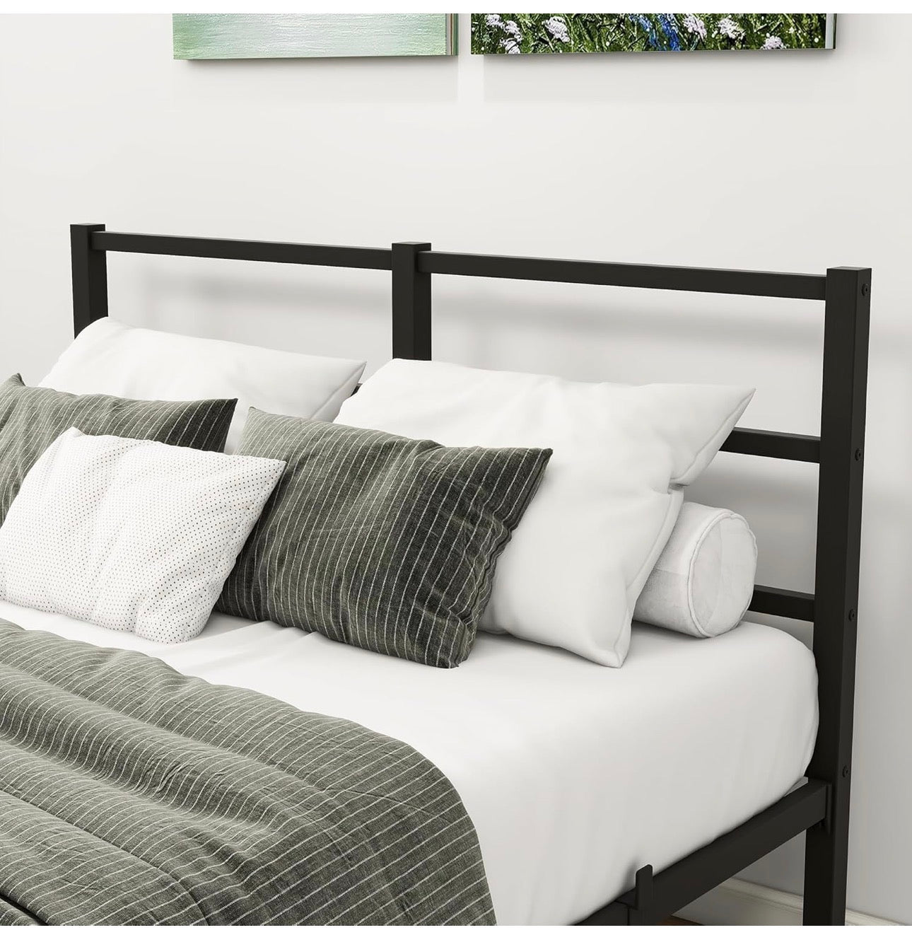4ft6 Double Bed Frame with Headboard, Metal Slats Support Platform Bed Frames Double Bed with Storage Under Bed, Enhanced Support Stable Easy Assembly, Noise Free, No Box Spring Needed, Black