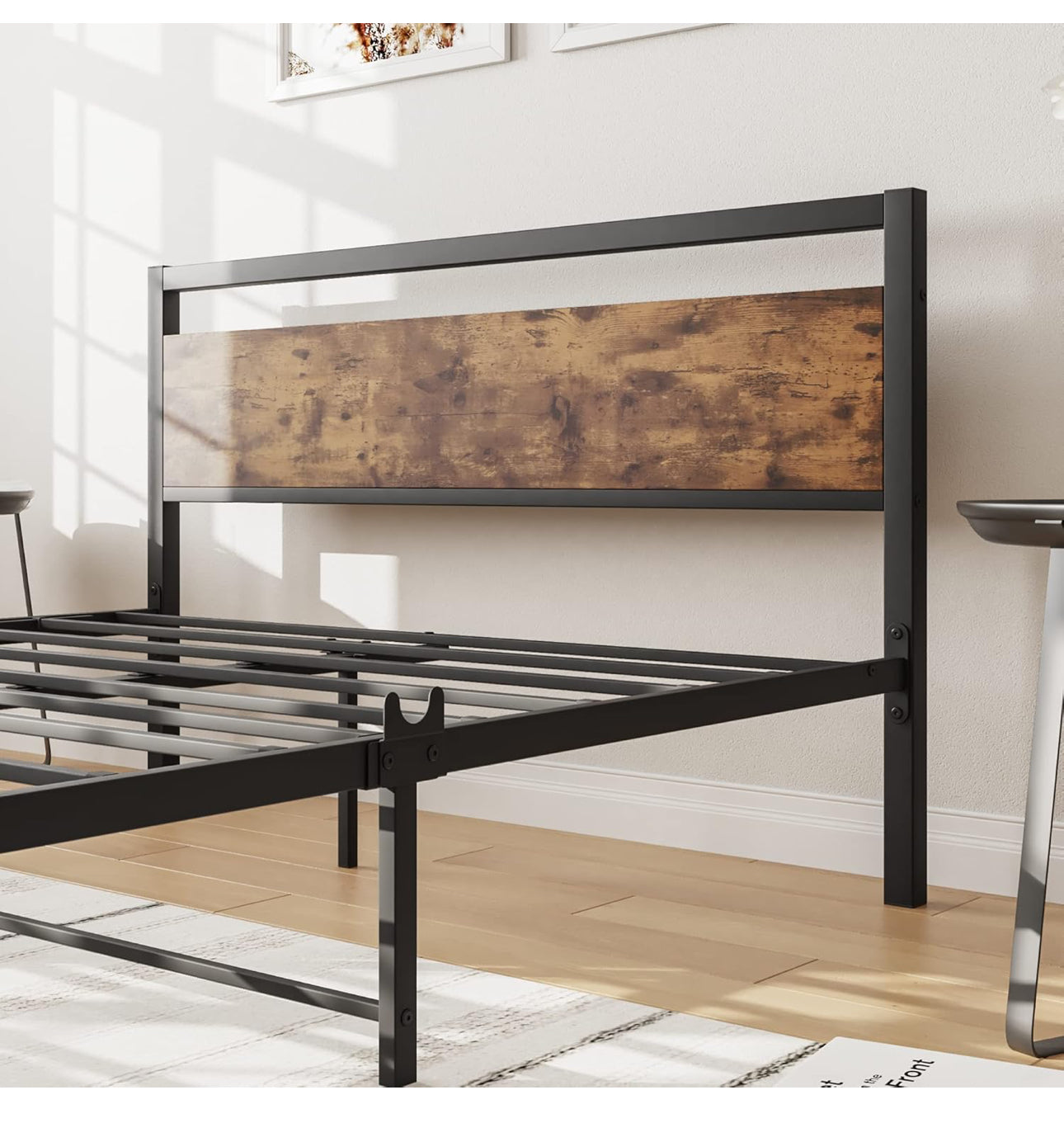 Metal Platform Bed Frame King Size with Wooden Headboard