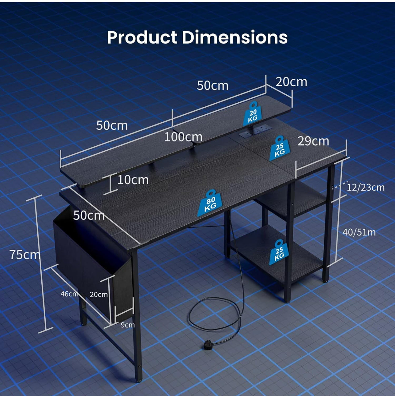 Gaming Desk with LED Lights &amp; Power Outlets Black
