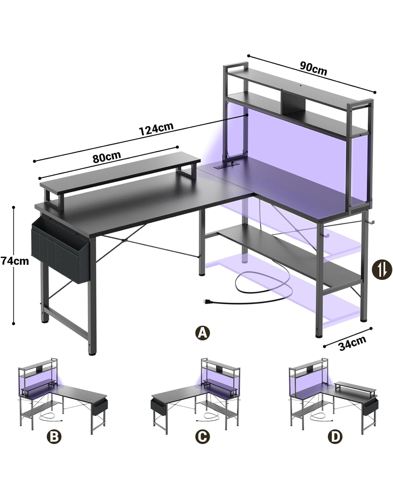 L Shaped Gaming Desk with Power Outlets & LED Lights