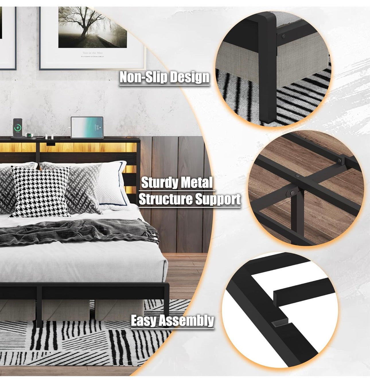 5ft King Bed Frame with Charging Station and LED Lights, Heavy Duty Metal Platform King 150x200 cm Bed Frame with Wood Storage Headboard, No Box Spring Needed, Noise Free, Black