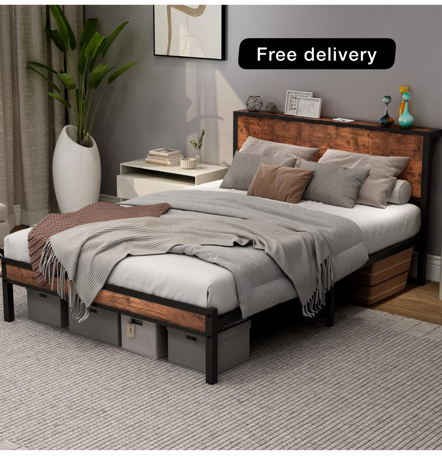 Double Bed Frame with Wooden Storage Shelf Headboa