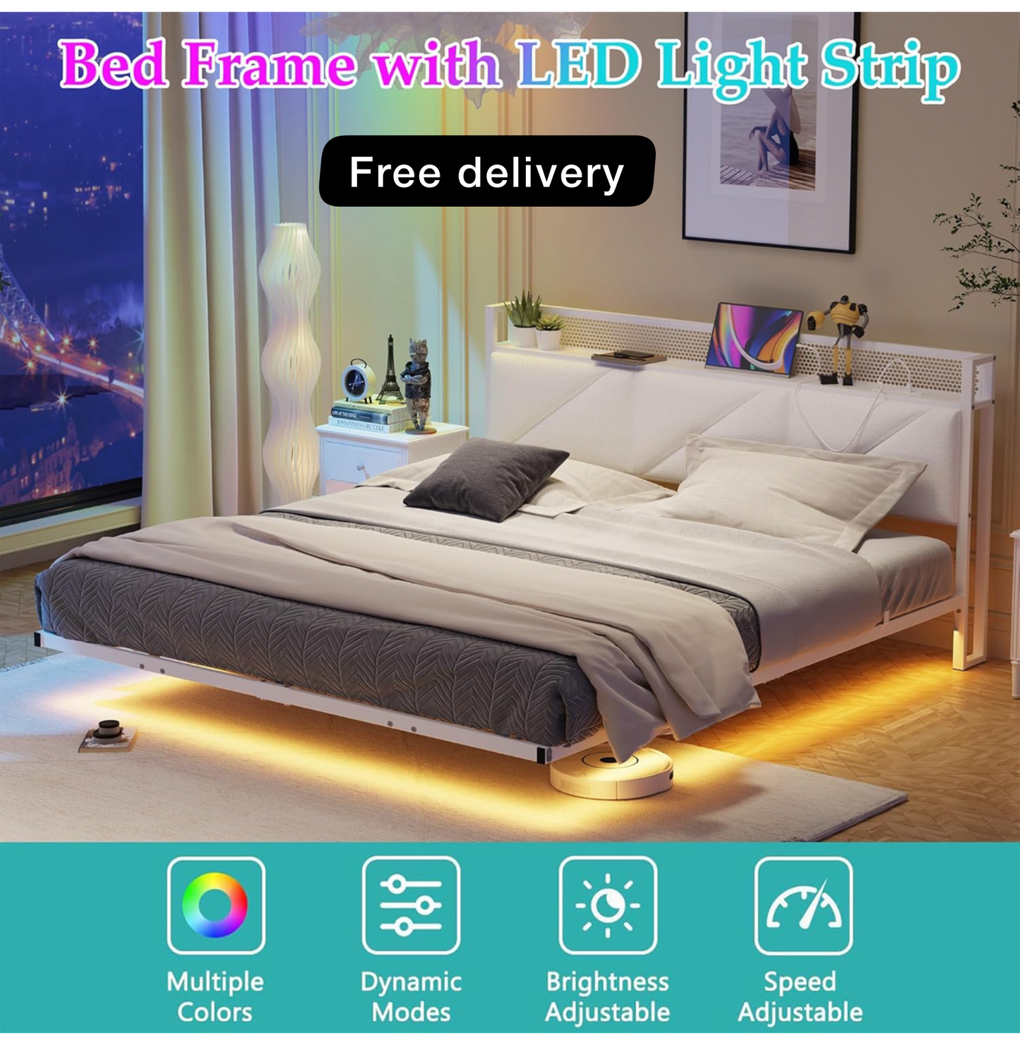 Floating King Bed Frame with LED Lights & USB Charging