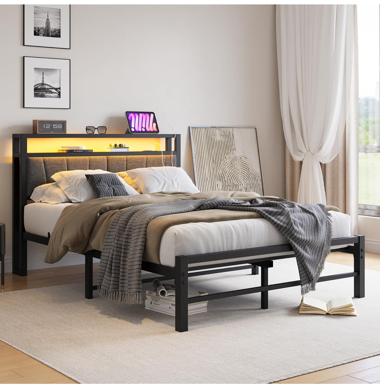 Double Bed Frame with Storage and LED Lights