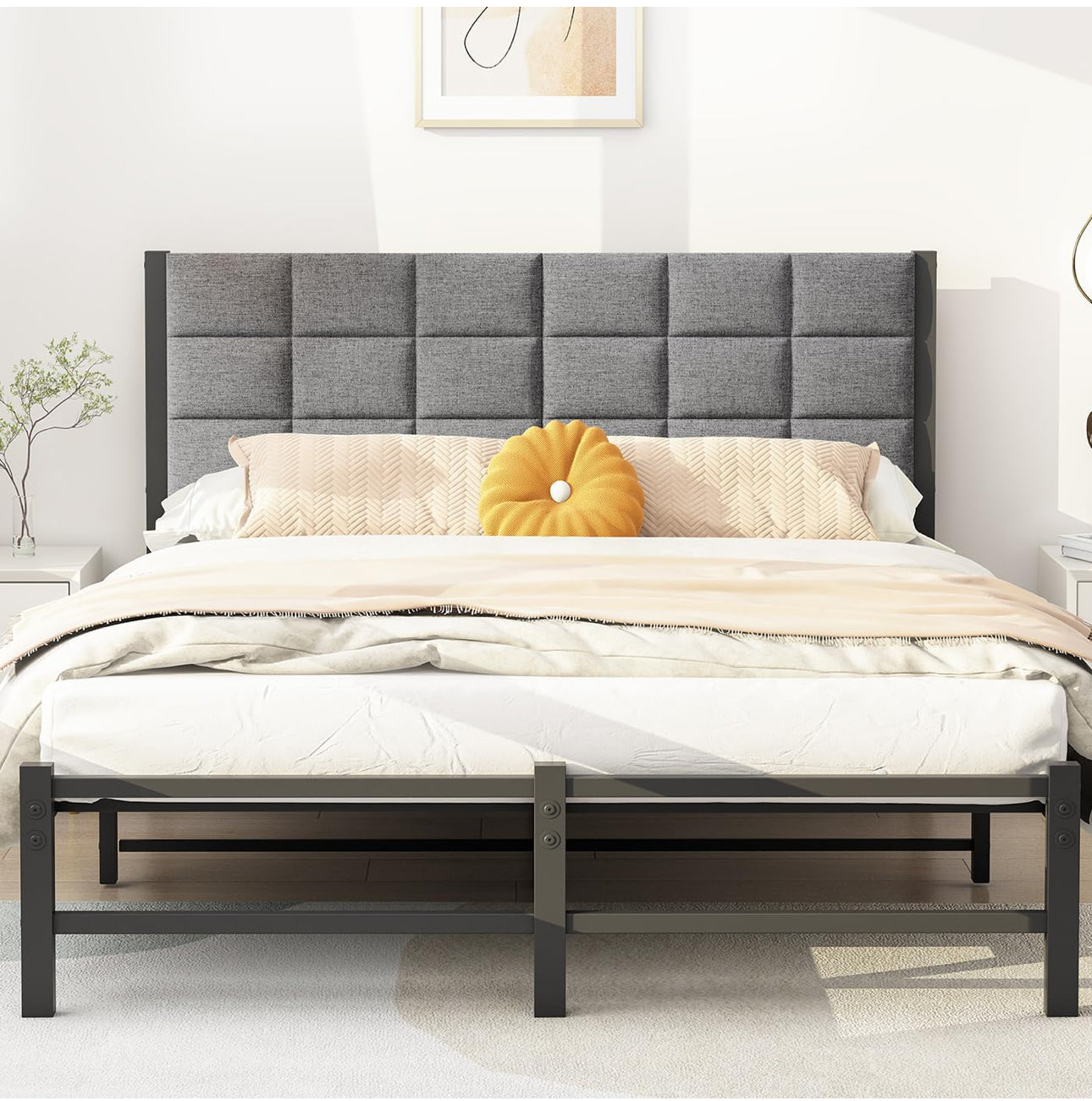 5ft King Size Bed Frame with Headboard,Upholstered Platform Bed Frame King Size