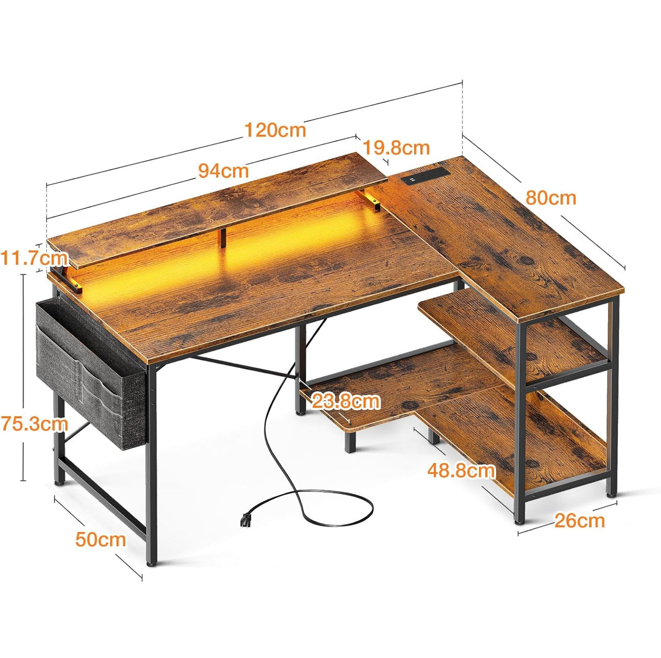 L Shaped Gaming Desk with LED Lights, 120 × 80 cm