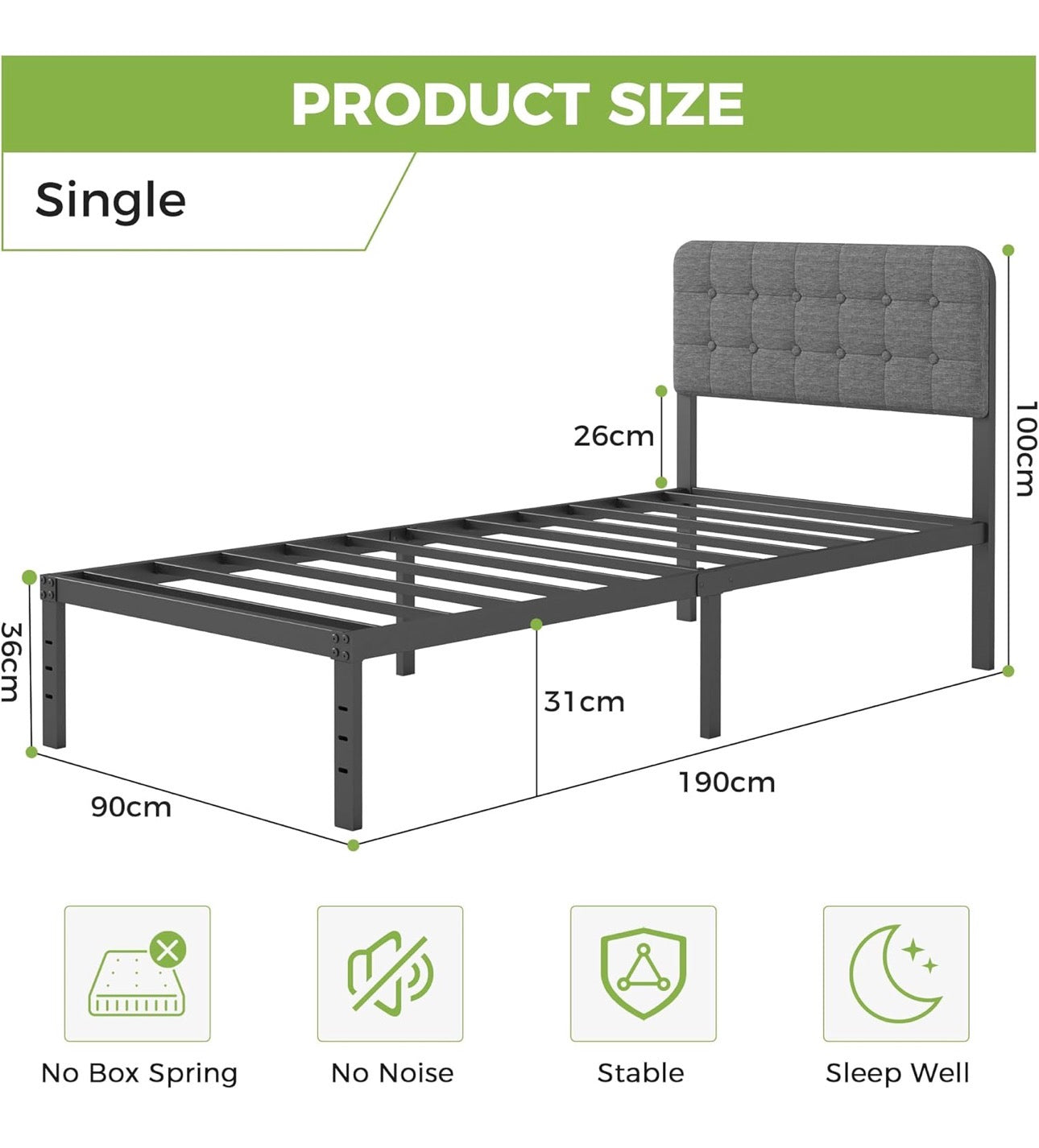 3ft Single Bed Frame with Upholstered Headboard and Footboard, 36cm High Metal Bed Frame Single 90x 190cm