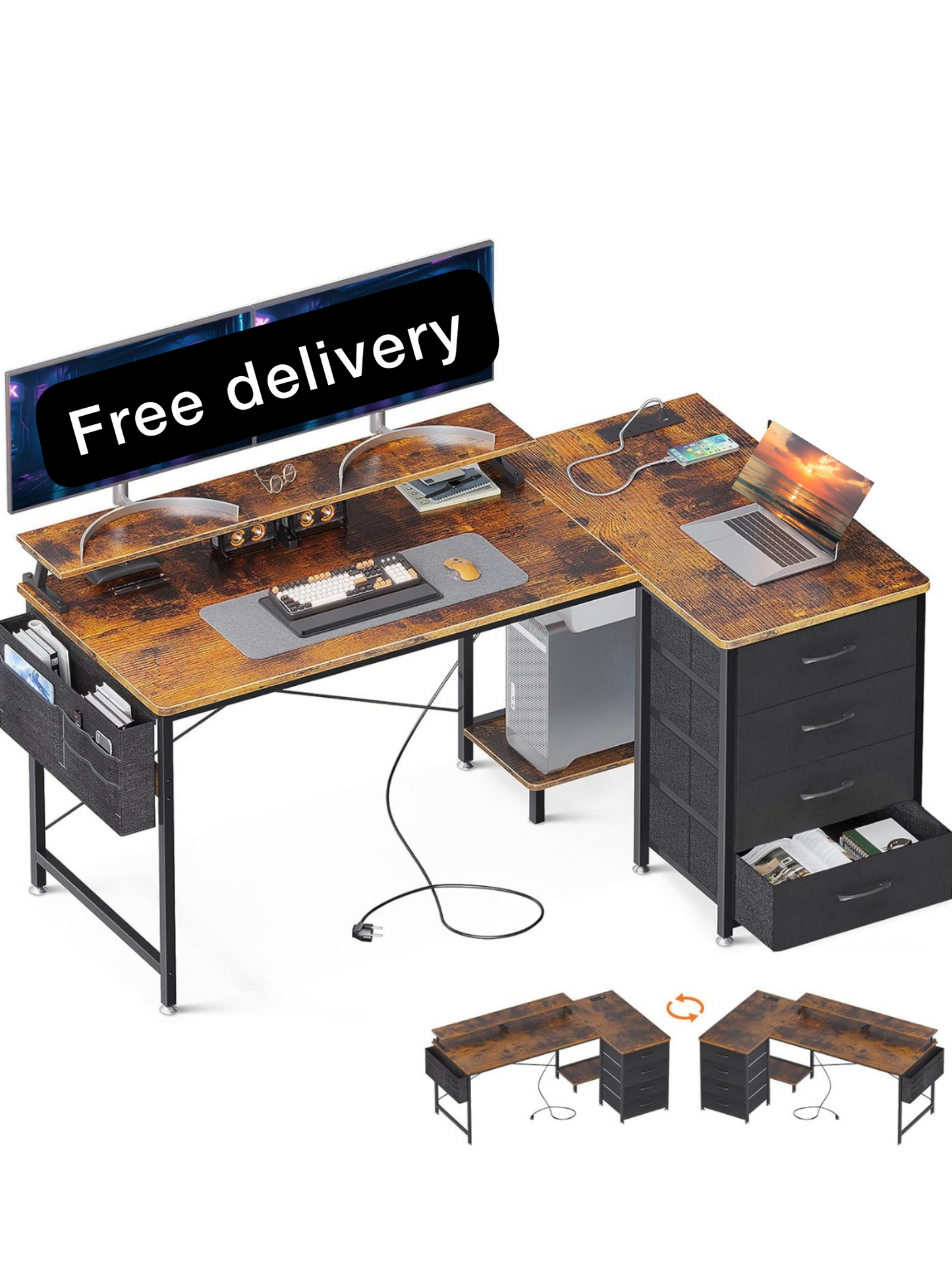 Corner Desk with Drawers, L Shaped Computer Desk 1