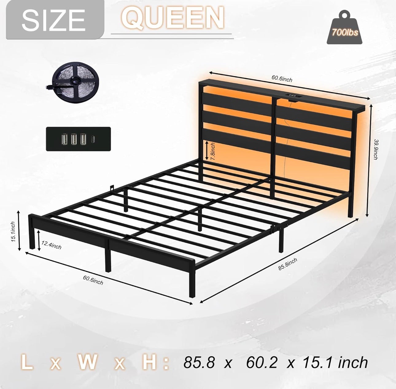 5ft King Bed Frame with Charging Station and LED Lights, Heavy Duty Metal Platform King 150x200 cm Bed Frame with Wood Storage Headboard, No Box Spring Needed, Noise Free, Black