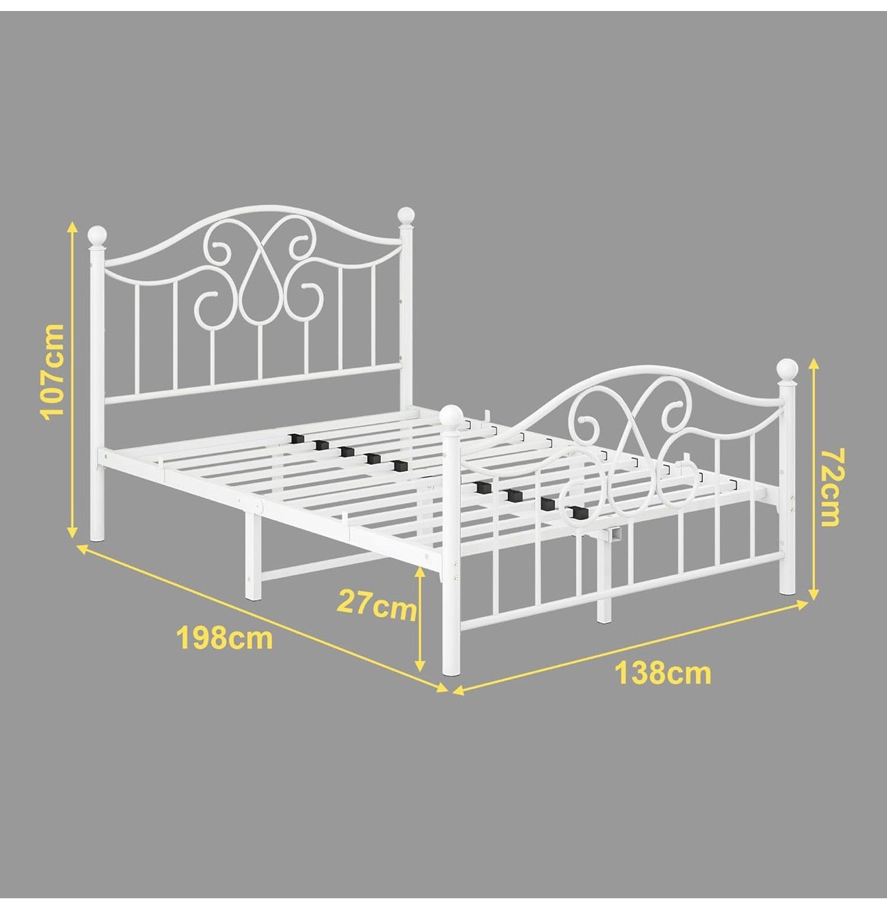 4ft6 Double Bed Frame with Headboard and Footboard Metal Bed Frame Double Mattress Foundation No Box Spring Needed/Easy Assembly/Bedstead Base/White
