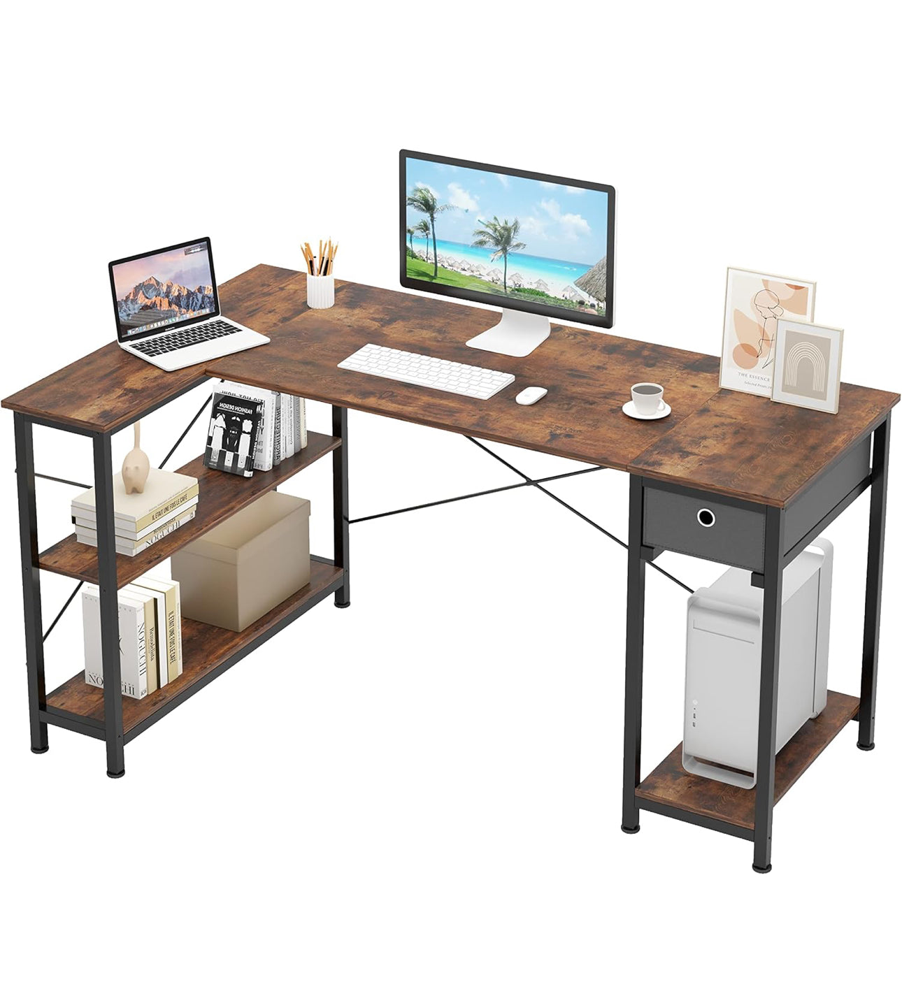 L Shaped Desk with Storage Shelves 56.7"