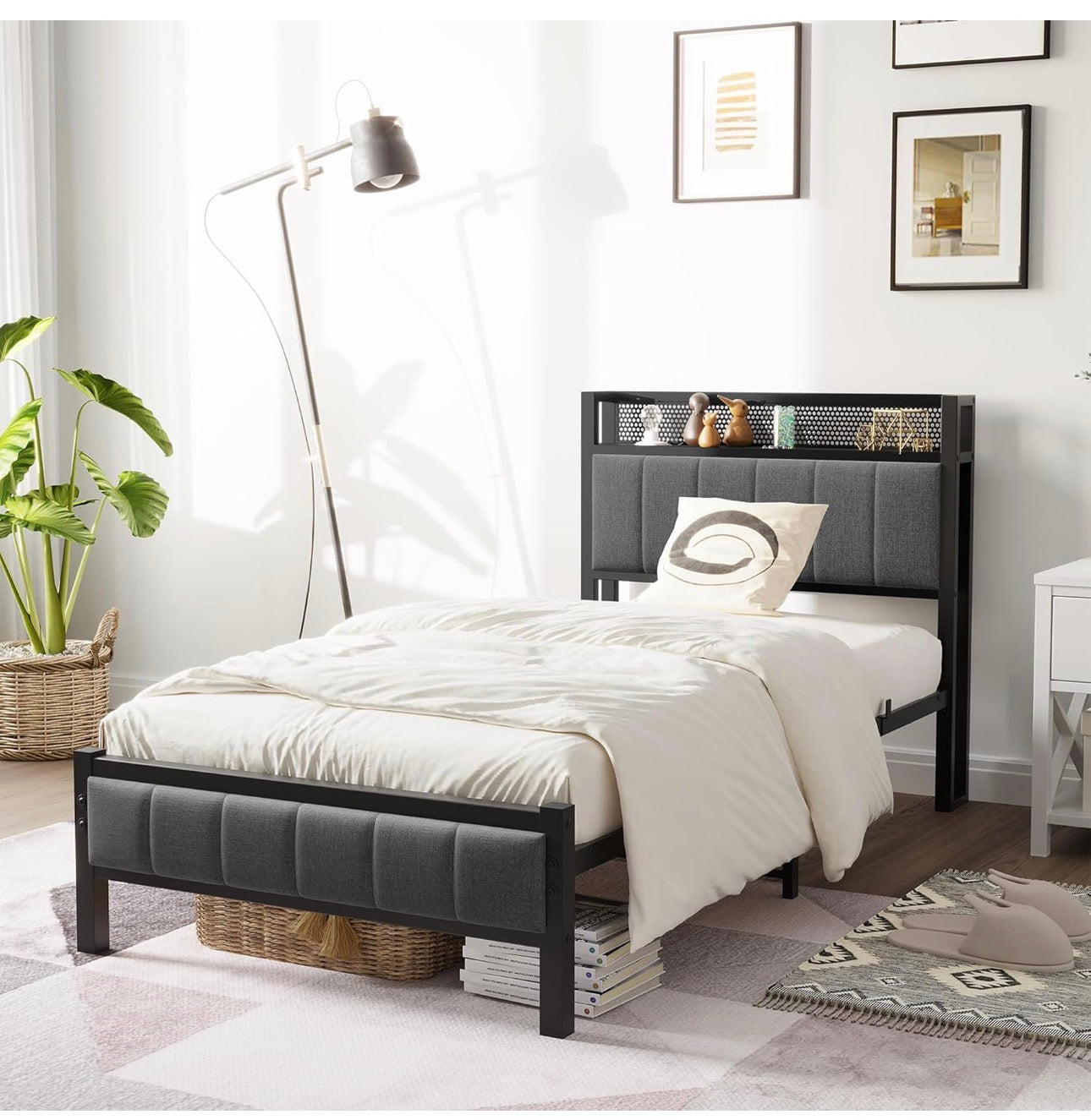 3ft Single Bed Frame With Storage Headboard, Upholstered Platform Bed Frame/Mattress Foundation/Metal Slat Support/No Box Spring Needed/Dark Grey bed frames single