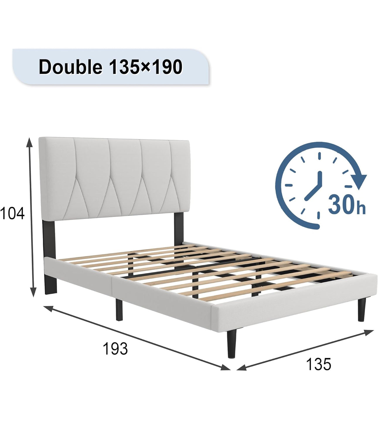 Double Bed Frame, White, Upholstered