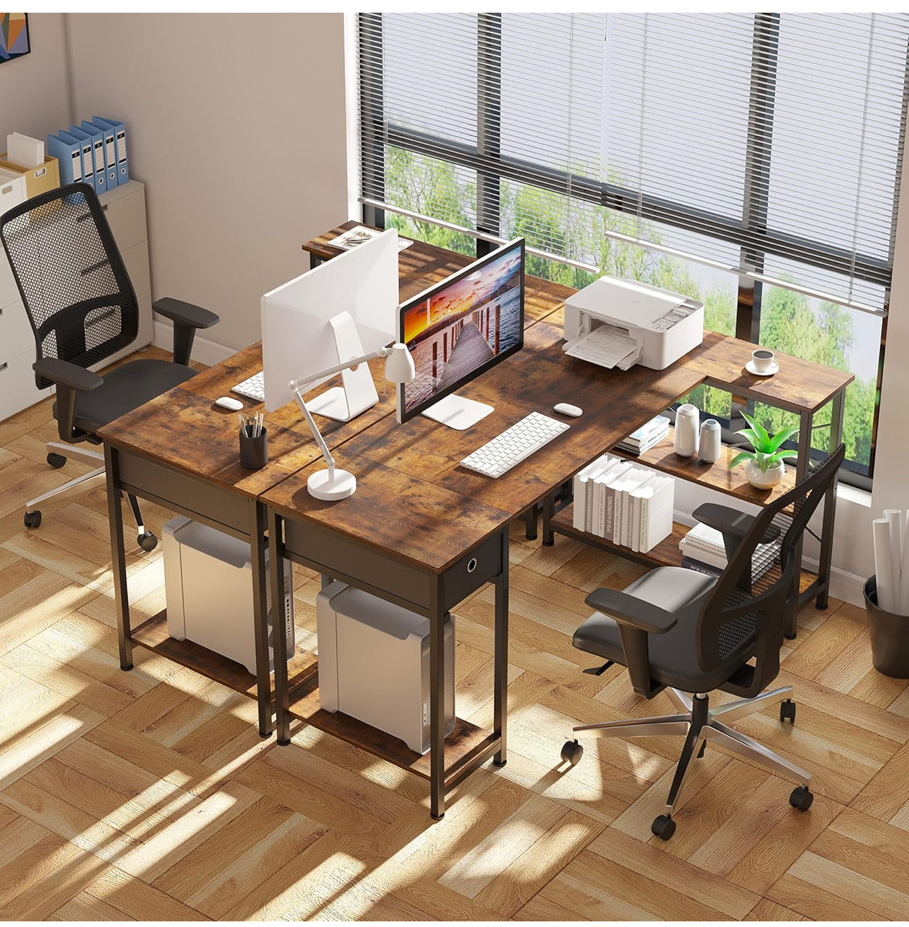 L Shaped Desk with Storage Shelves 56.7"
