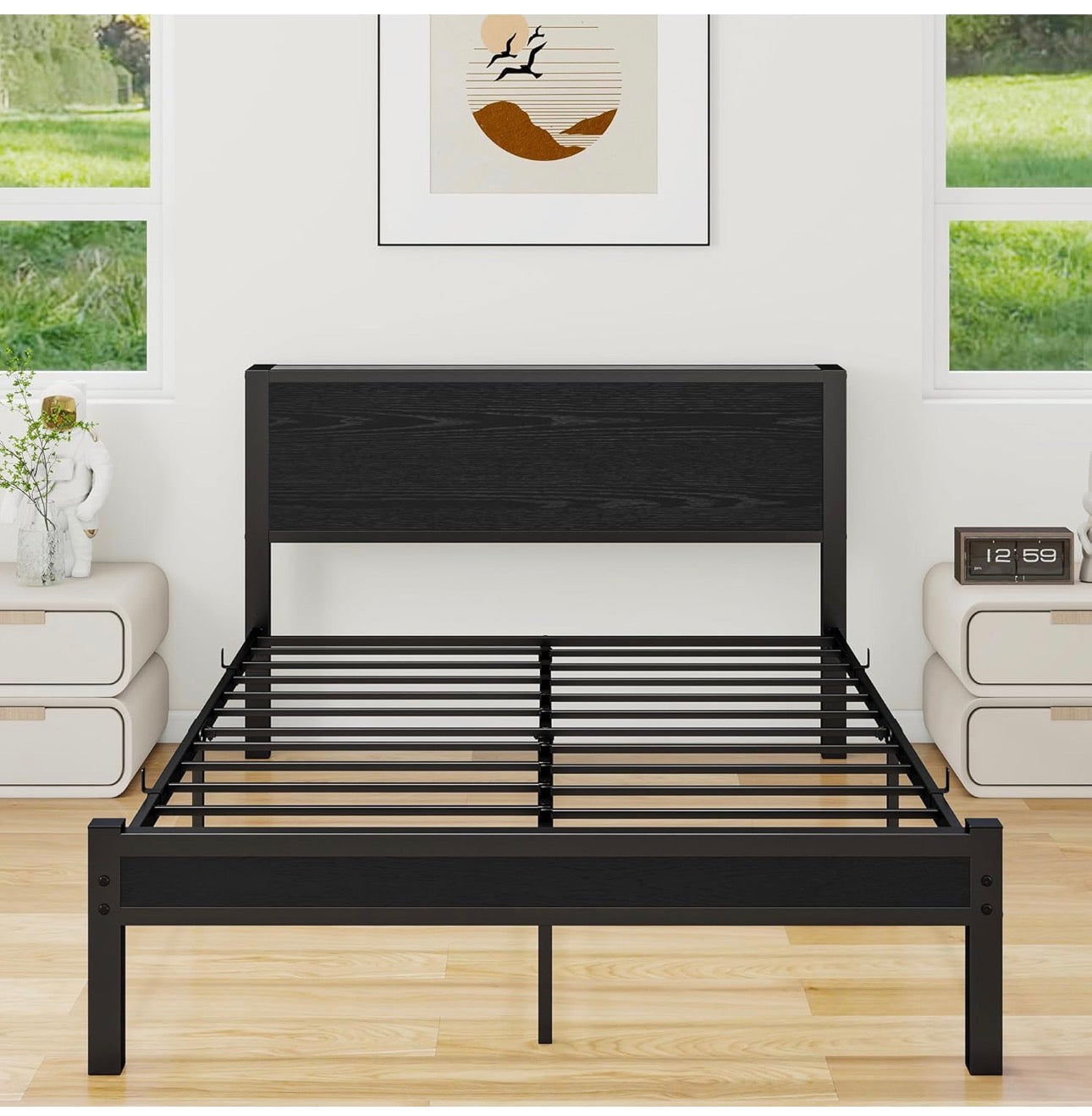 Double Bed Frame with Wooden Storage Shelf Headboard