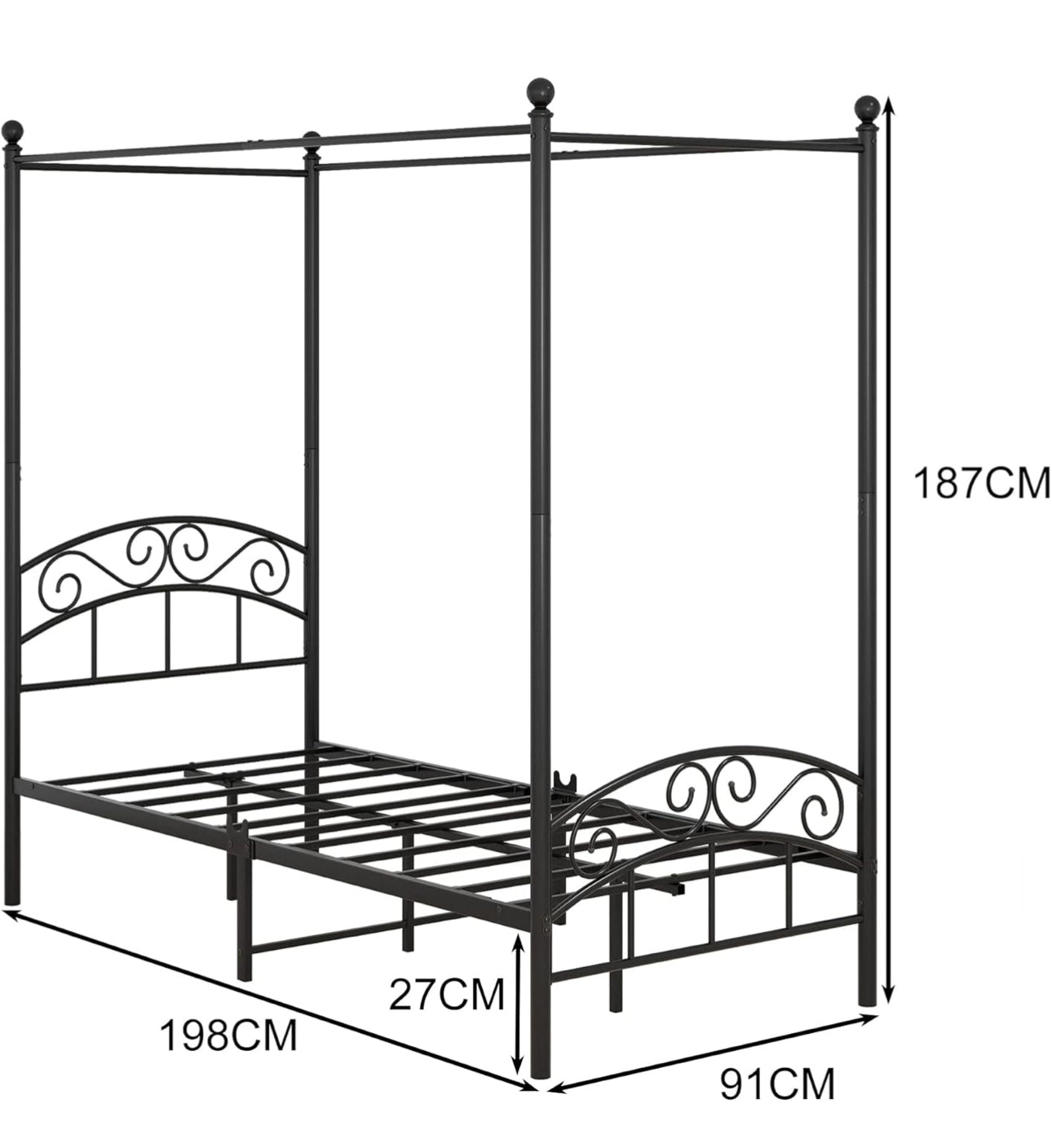 Canopy Bed Frame 3ft Single Size with Ornate European Style