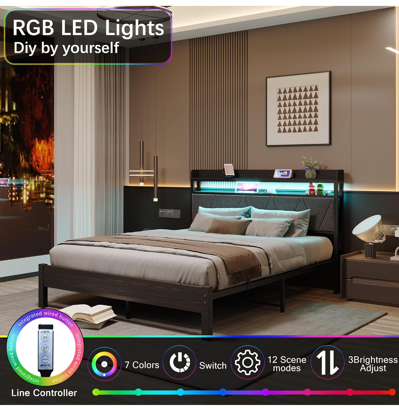 King Bed Frames with 5ft Upholstered Wooden Two-shelf Storage Headboard, Charging Station,LED Lights